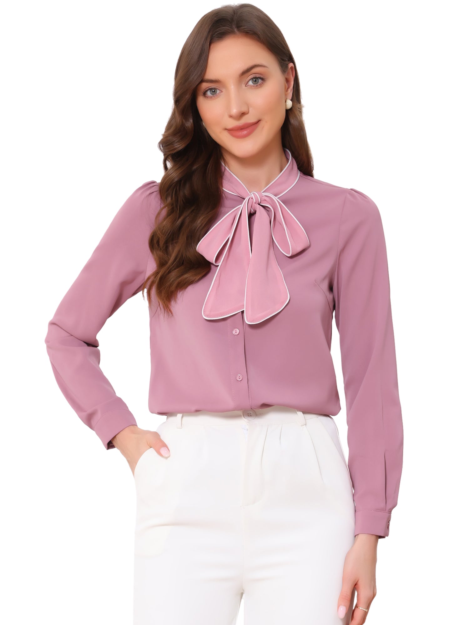 Tie Neck Contrast Color Button Down Long Sleeve Shirt