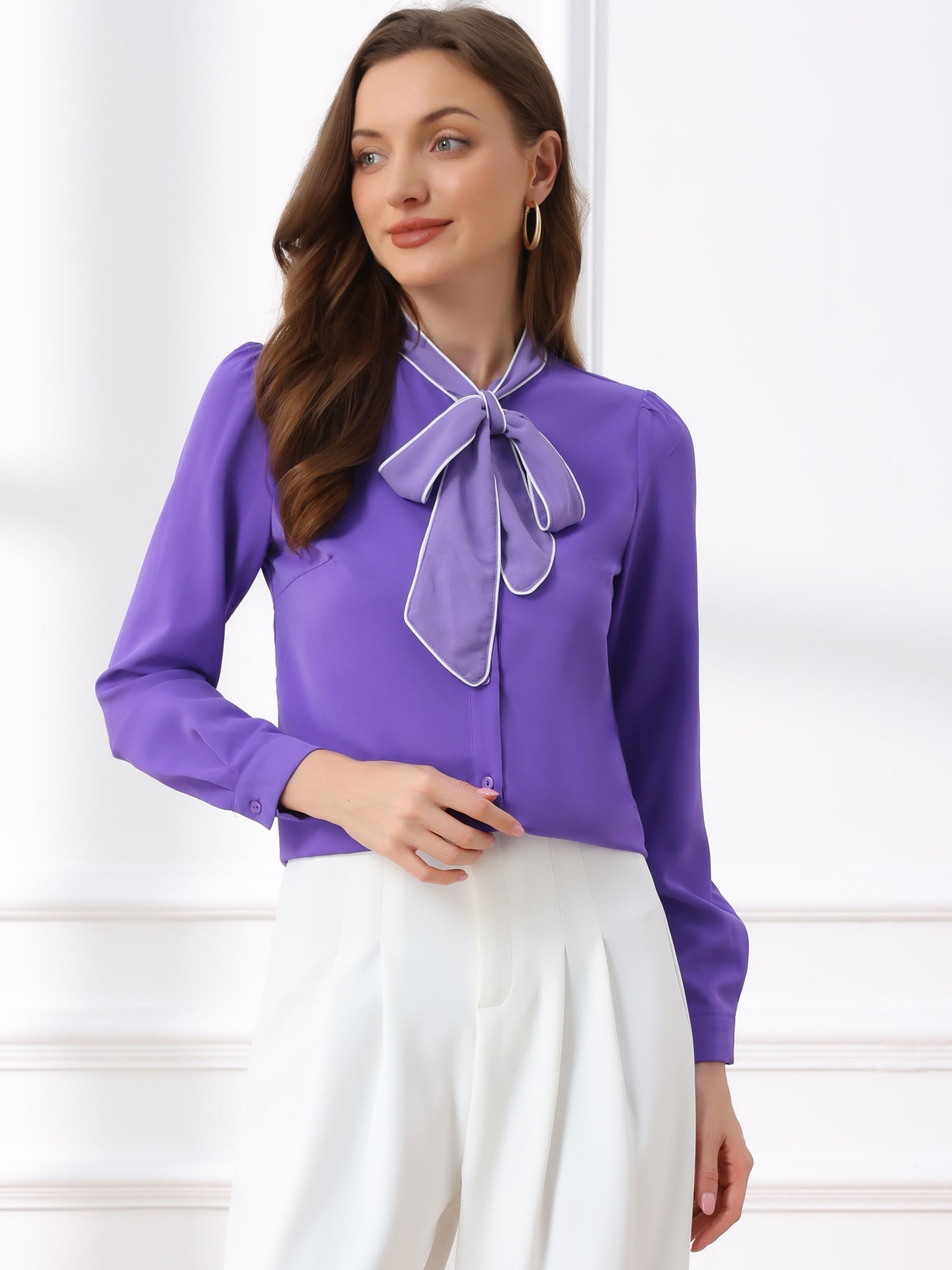 Tie Neck Contrast Color Button Down Long Sleeve Shirt