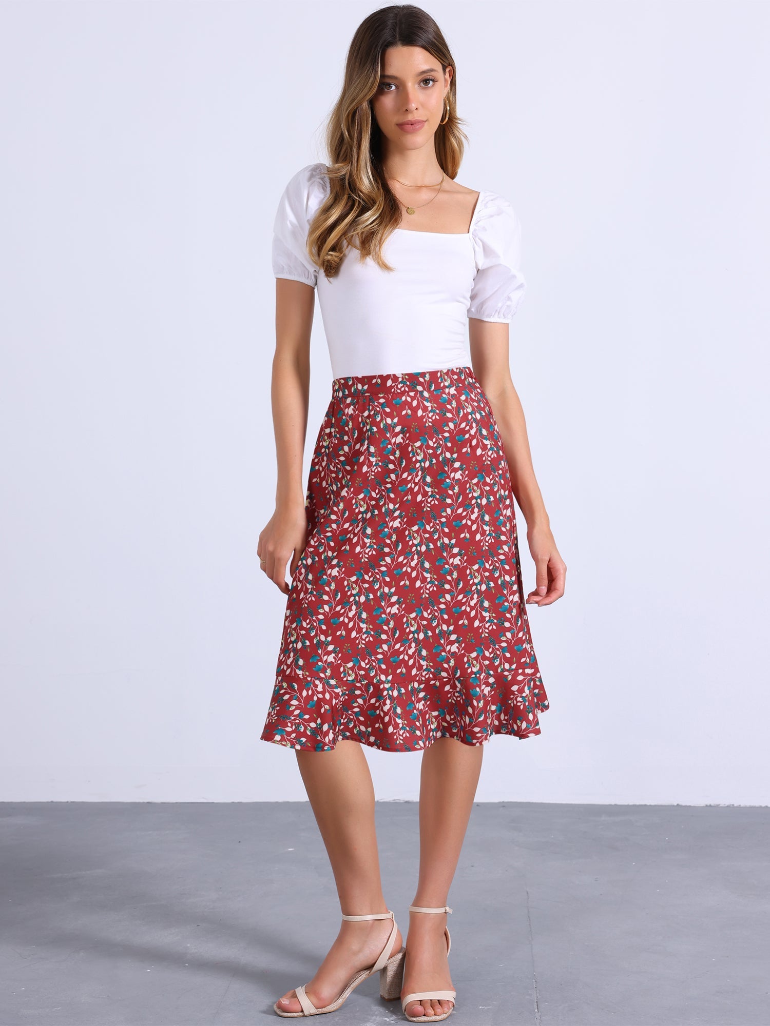 Floral Ruffle Elastic High Waist Button Flowy Split Midi Skirt