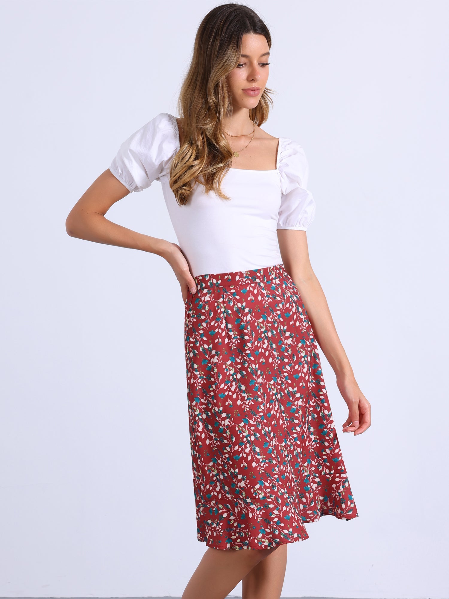 Floral Ruffle Elastic High Waist Button Flowy Split Midi Skirt