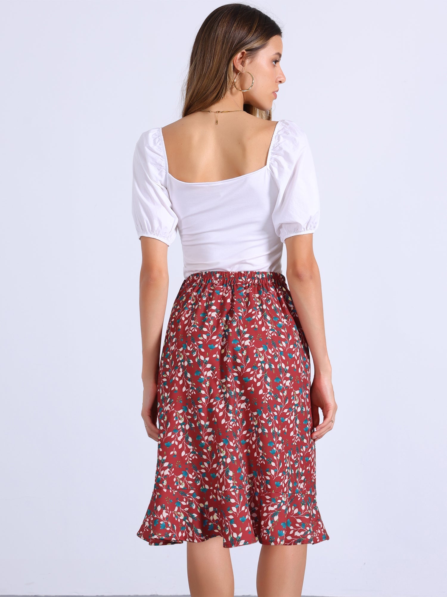 Floral Ruffle Elastic High Waist Button Flowy Split Midi Skirt
