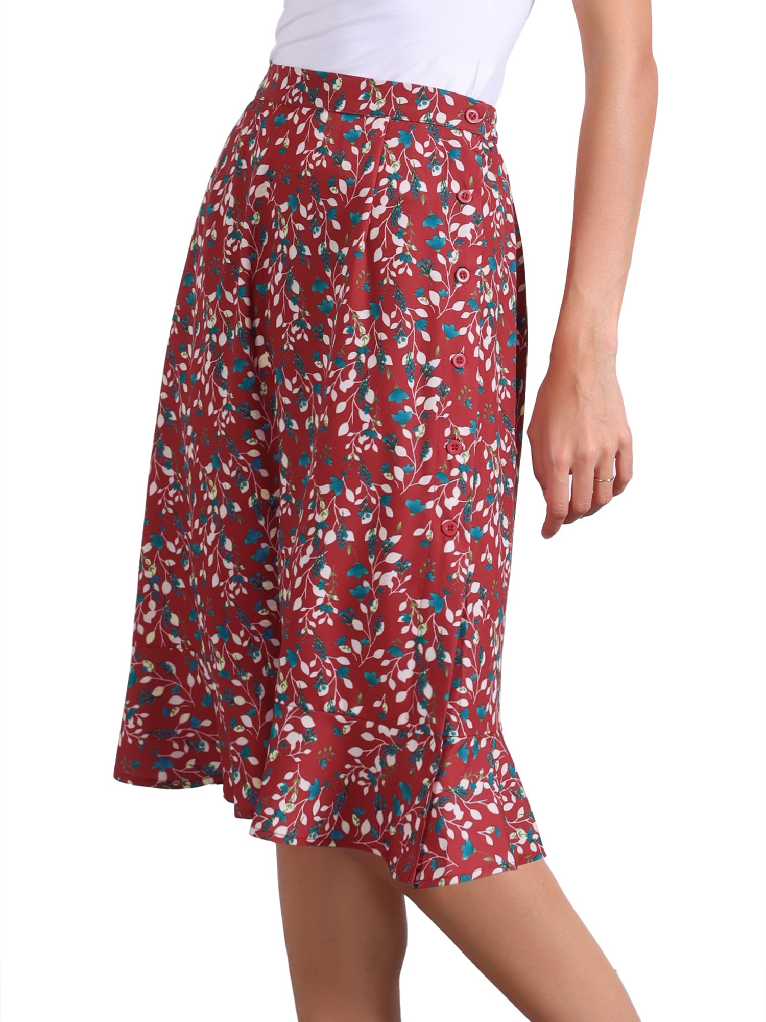 Floral Ruffle Elastic High Waist Button Flowy Split Midi Skirt