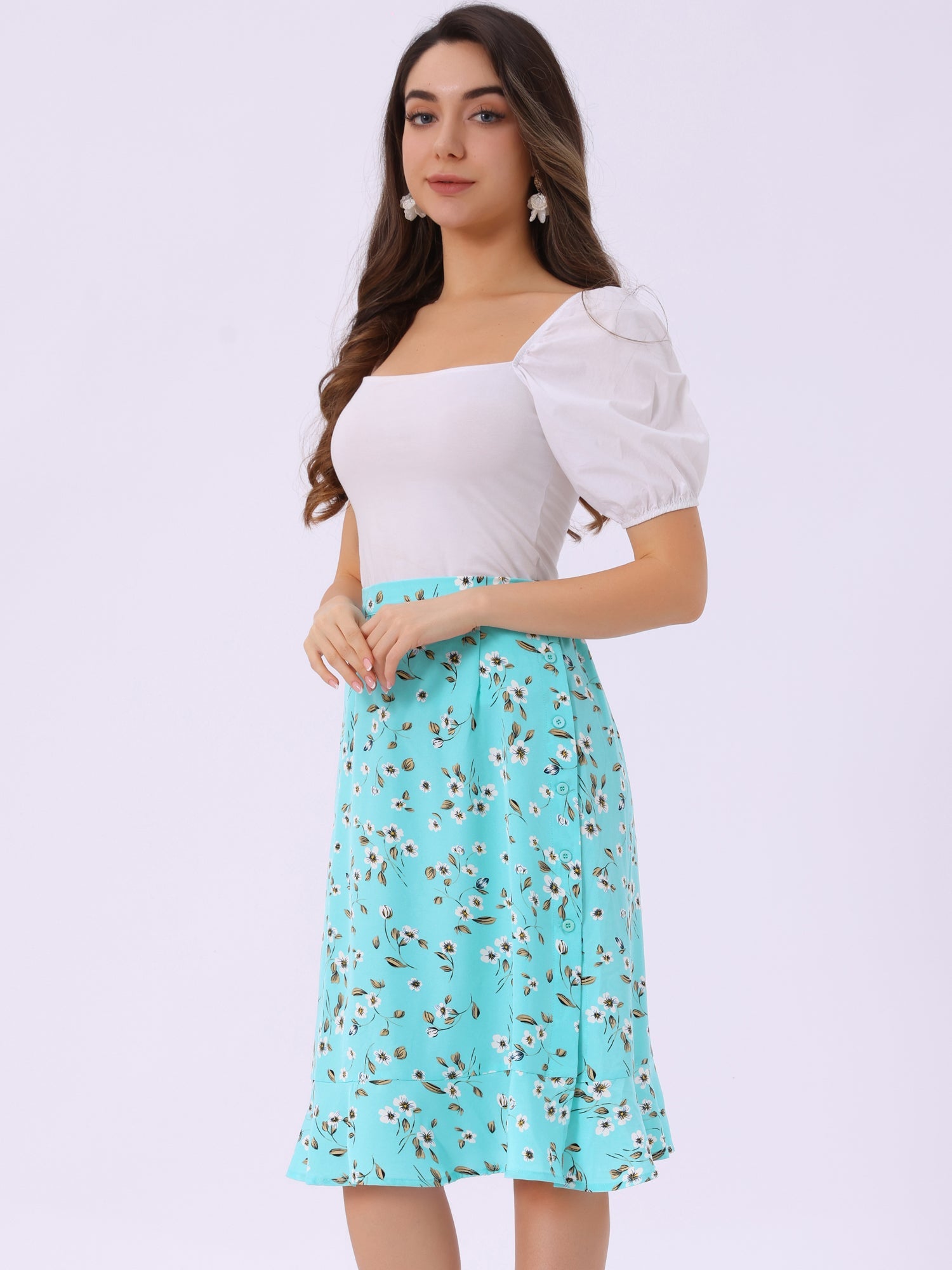Floral Ruffle Elastic High Waist Button Flowy Split Midi Skirt