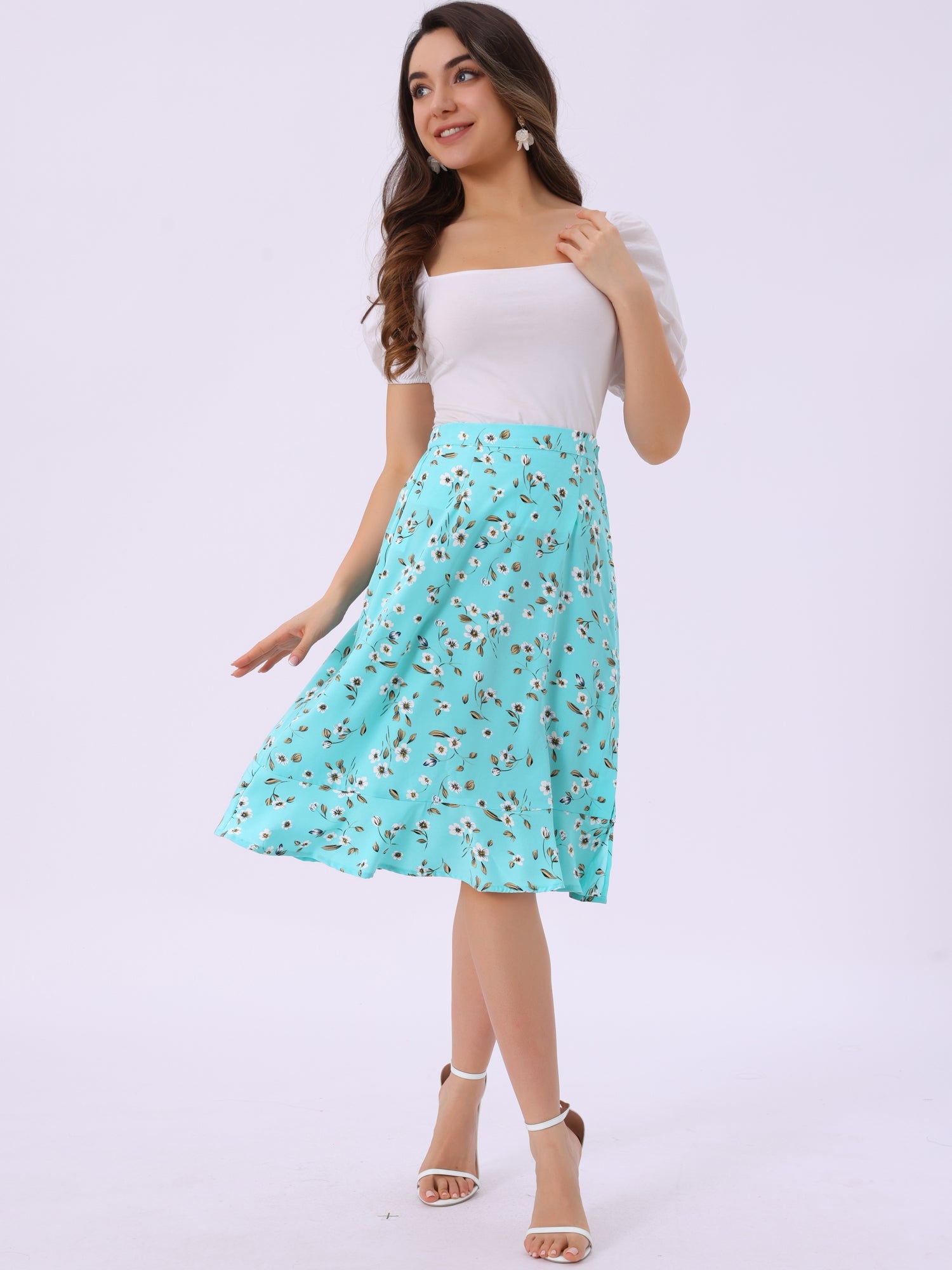 Floral Ruffle Elastic High Waist Button Flowy Split Midi Skirt
