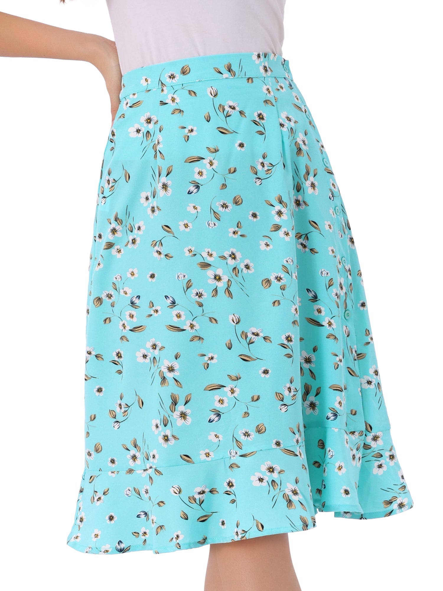 Floral Ruffle Elastic High Waist Button Flowy Split Midi Skirt