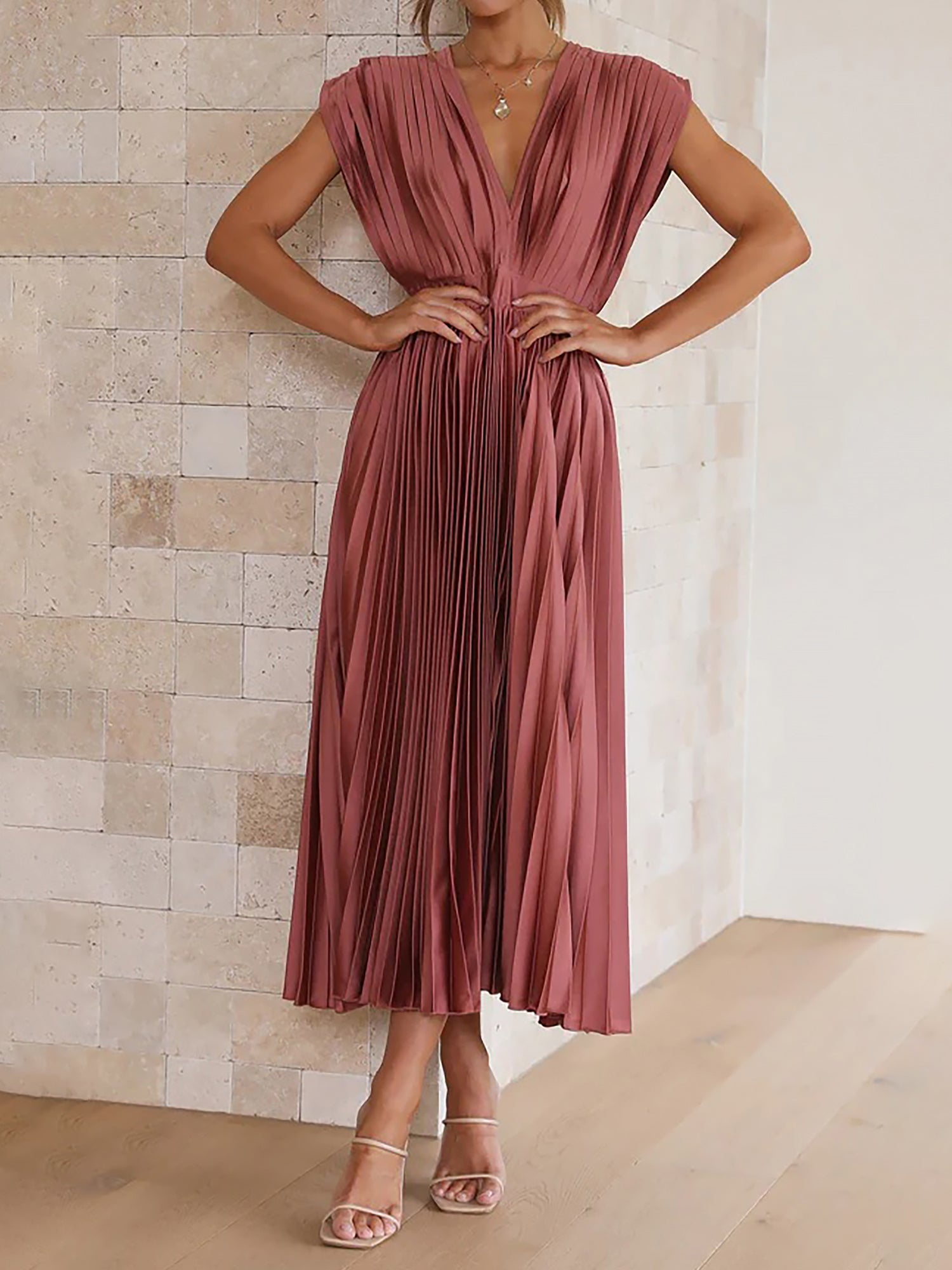 Elegant Deep V Neck Cap Sleeves Luxe Satin Pleated Midi Office Dress