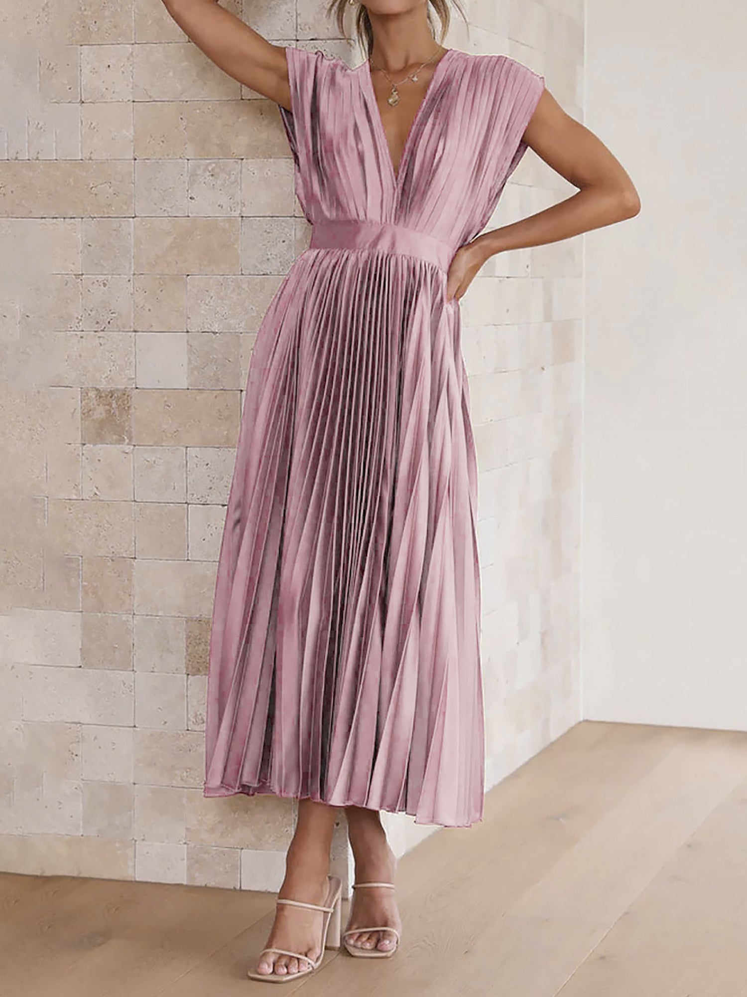 Elegant Deep V Neck Cap Sleeves Luxe Satin Pleated Midi Office Dress
