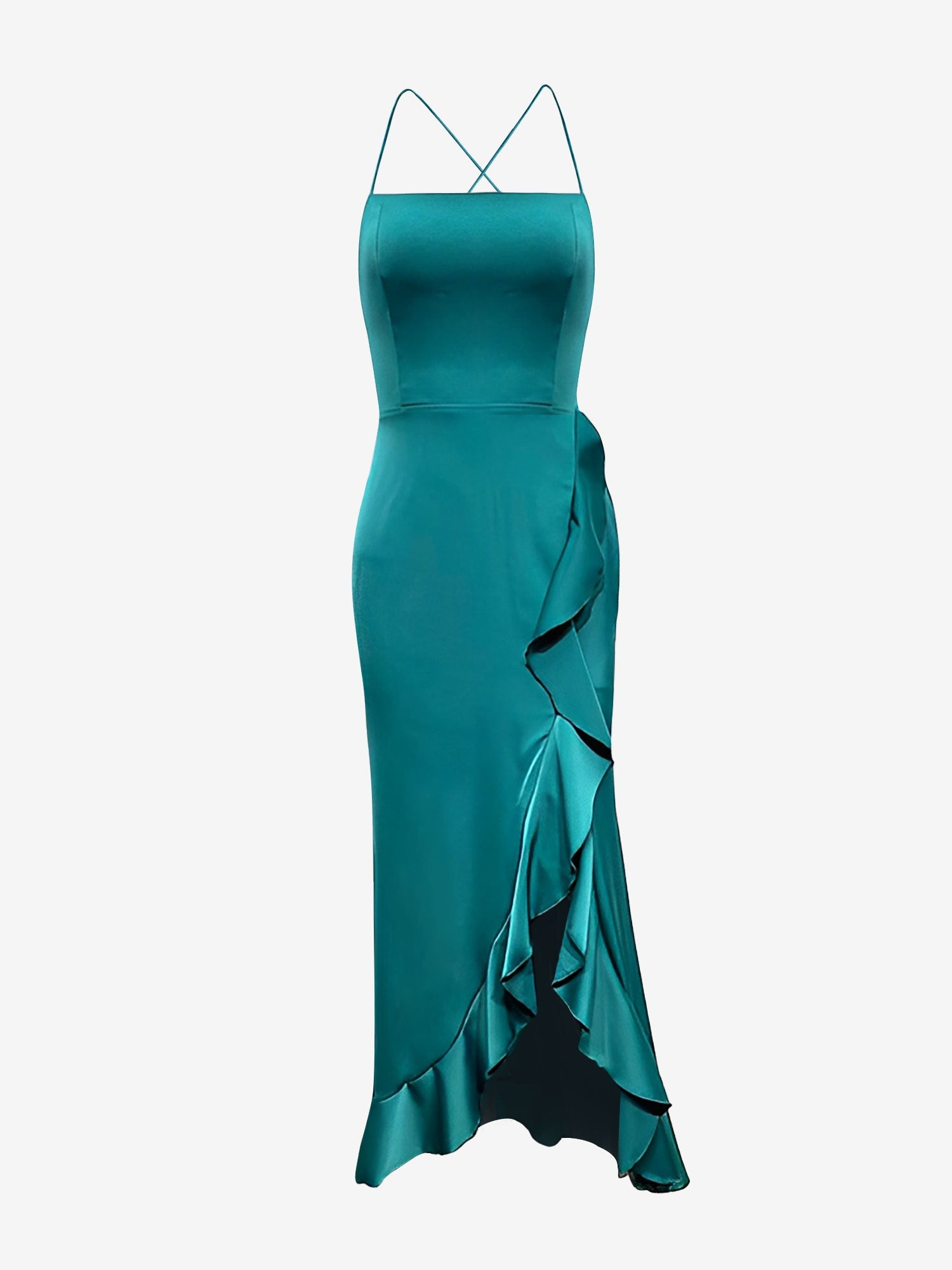 Spaghetti Strap Backless Lace-Up Ruffled Slit Dress