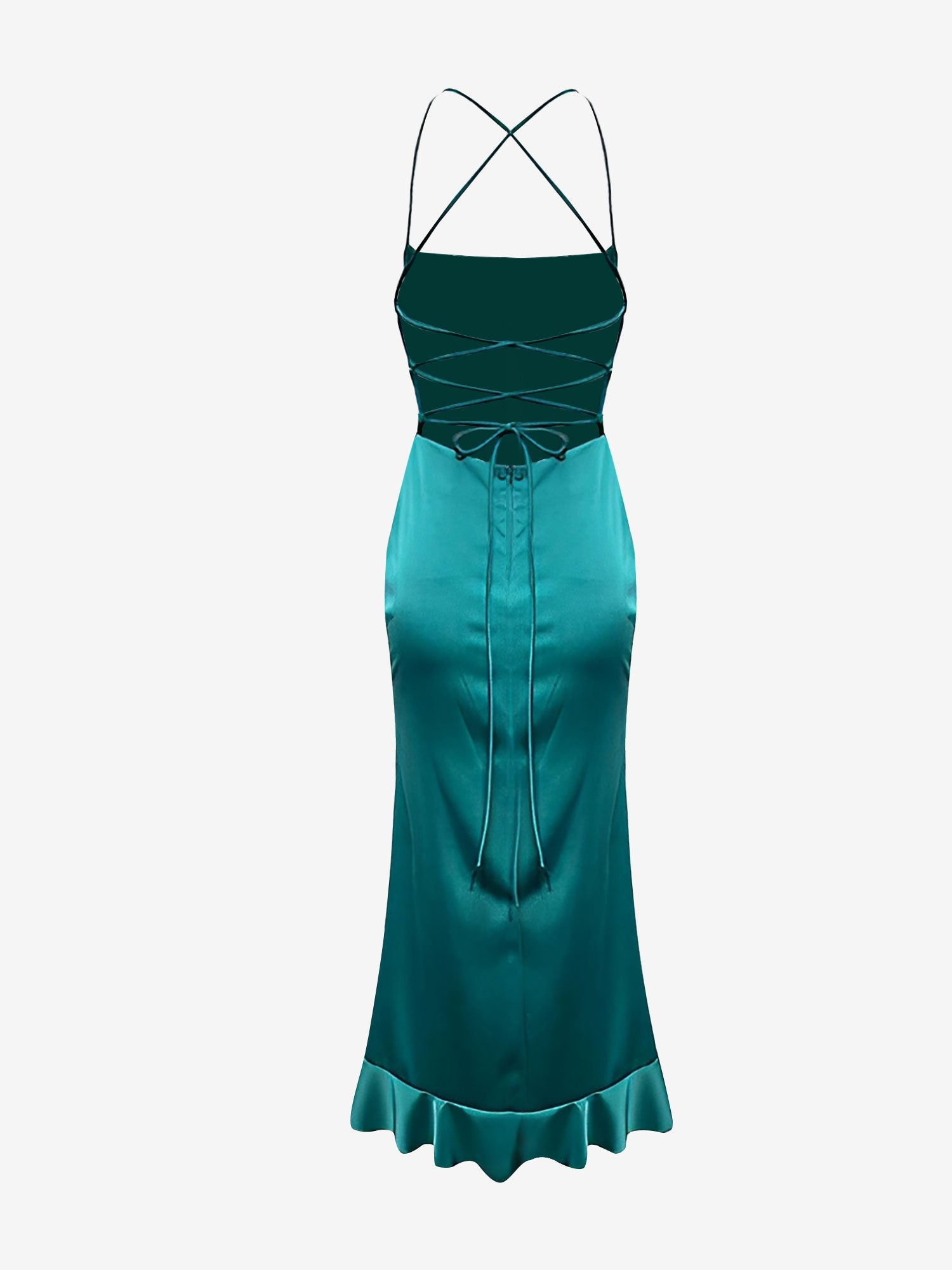 Spaghetti Strap Backless Lace-Up Ruffled Slit Dress