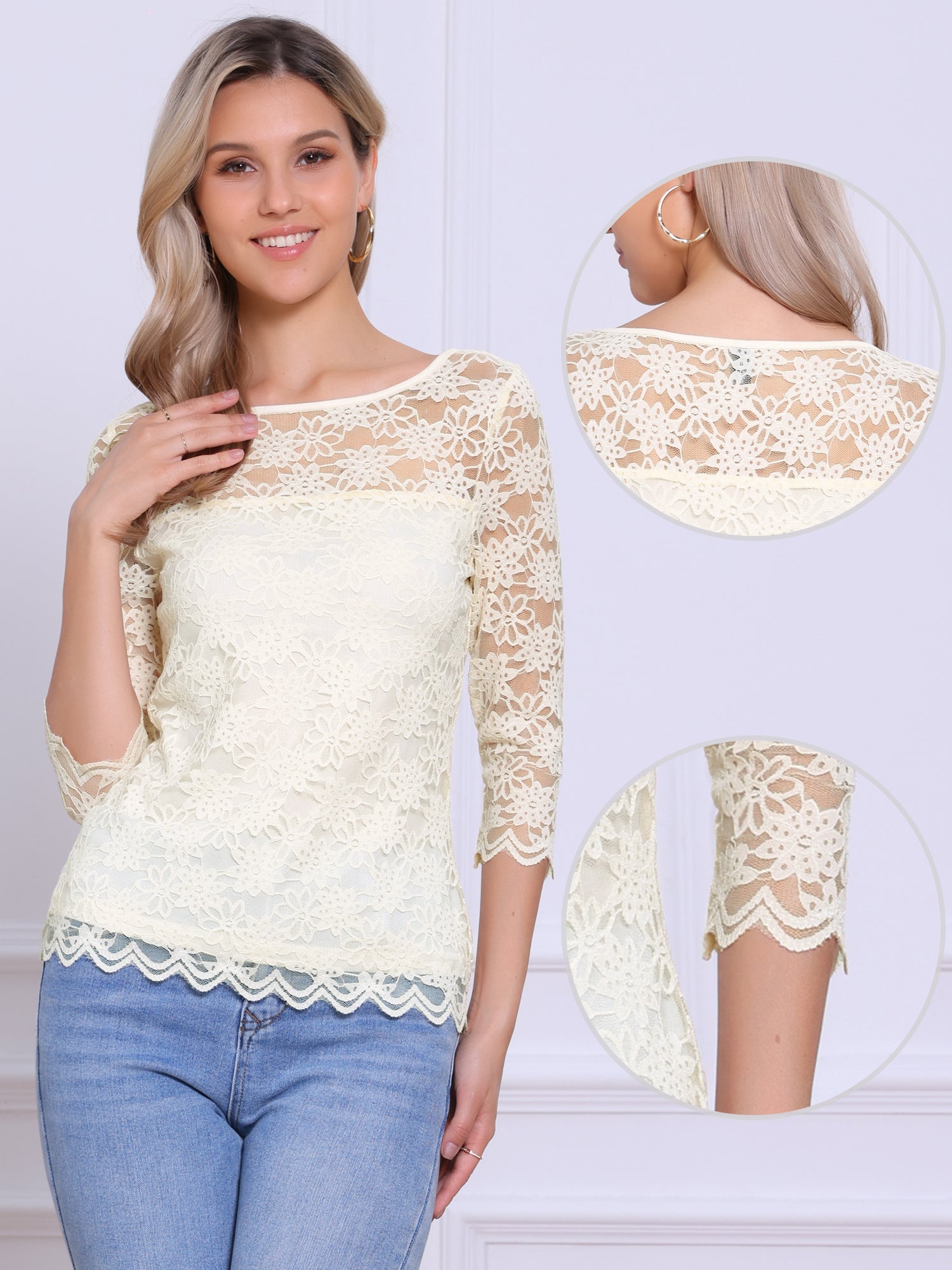 Floral Lace Sheer 3/4 Sleeve Boat Neck Blouse