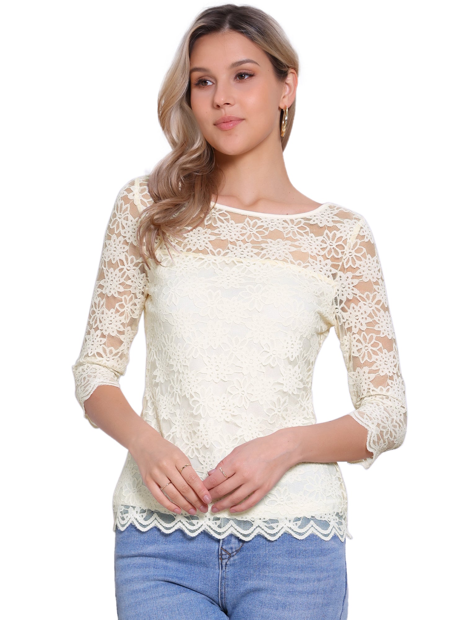 Floral Lace Sheer 3/4 Sleeve Boat Neck Blouse