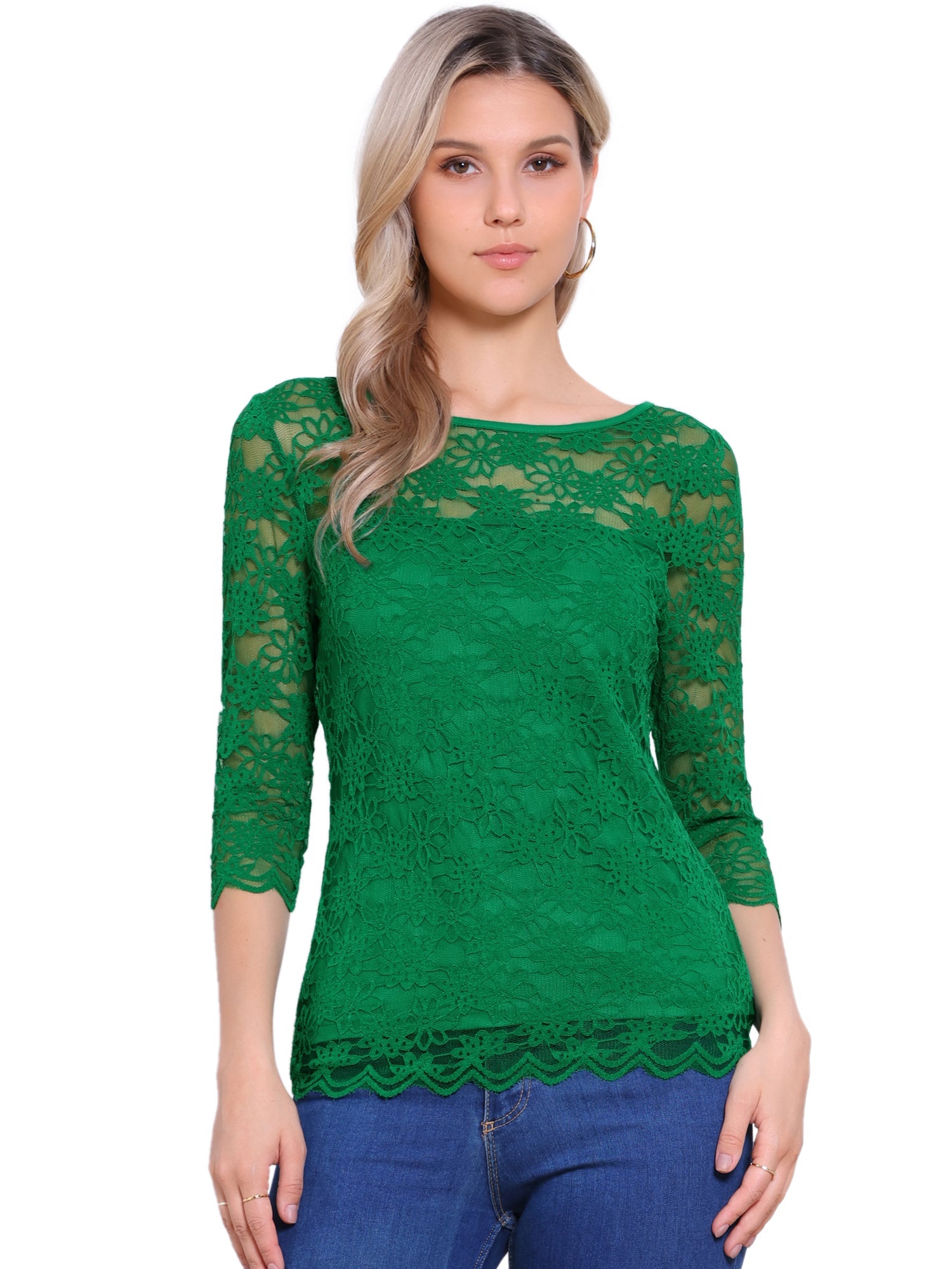 Floral Lace Sheer 3/4 Sleeve Boat Neck Blouse