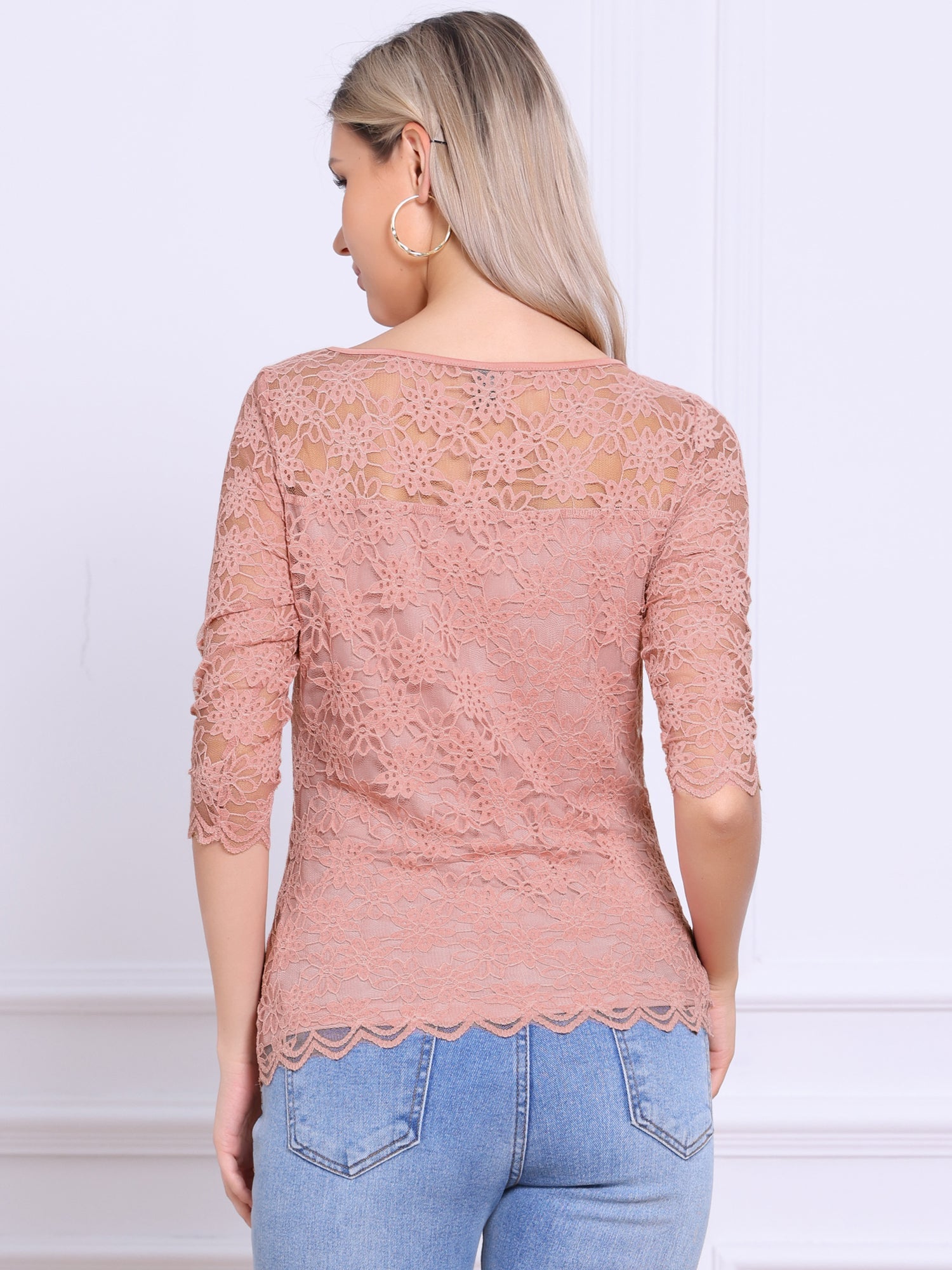 Floral Lace Sheer 3/4 Sleeve Boat Neck Blouse