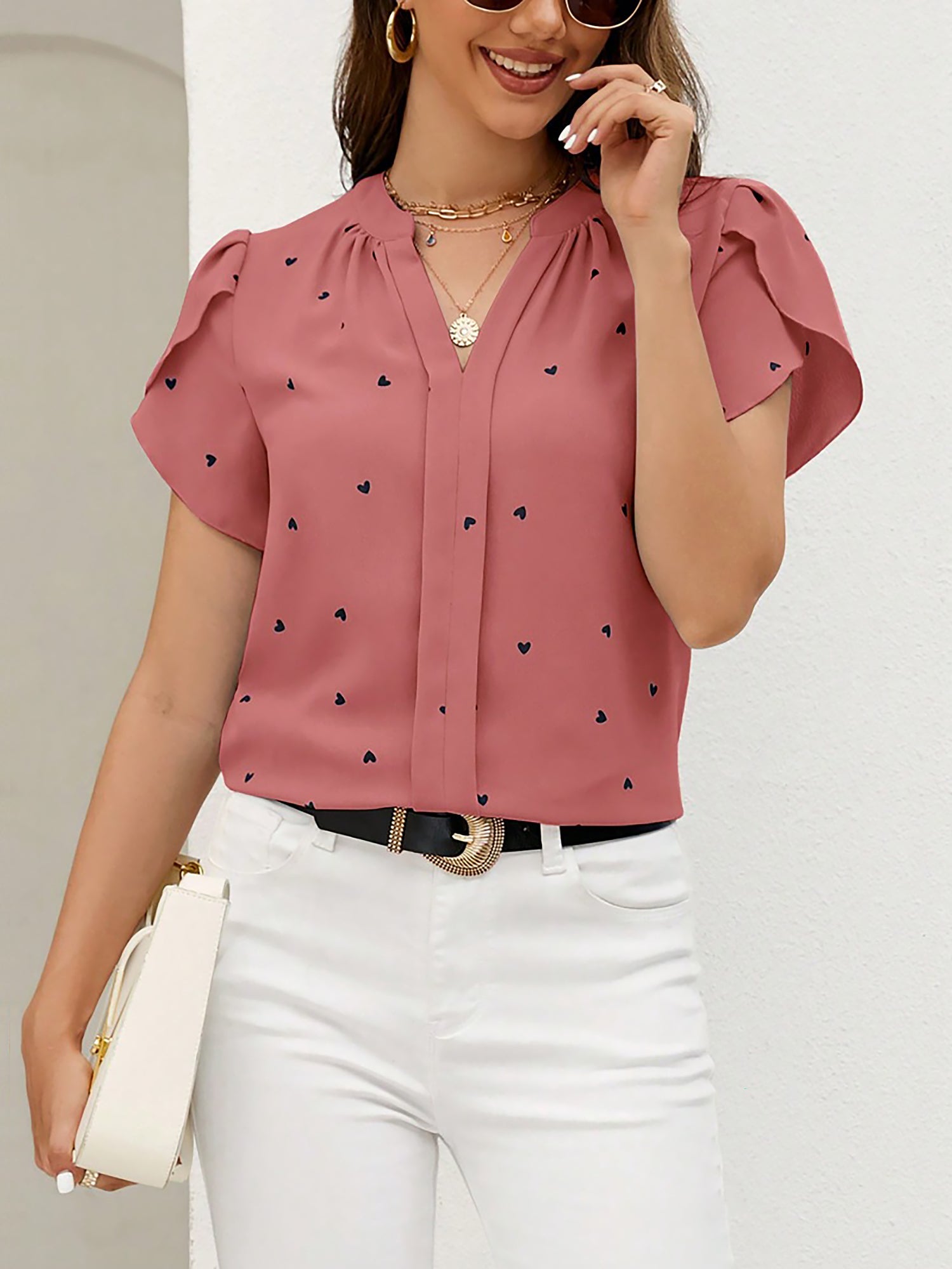 Notch Neck Heart Print Short Sleeves Blouse