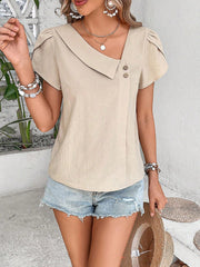 Irregular Neck Solid Color Short Sleeves Blouse