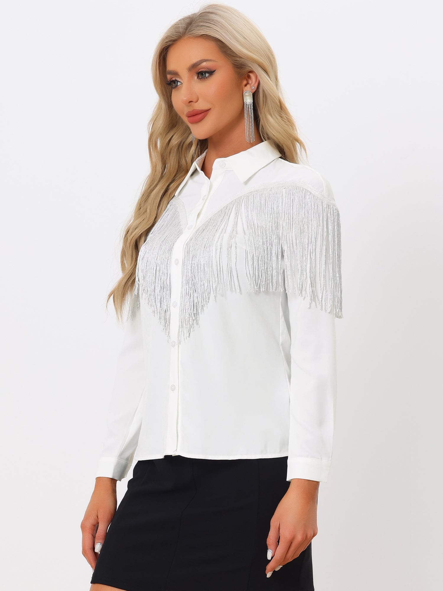 Glitter Fringe Long Sleeve Button Down Disco Party Cowgirl Blouse