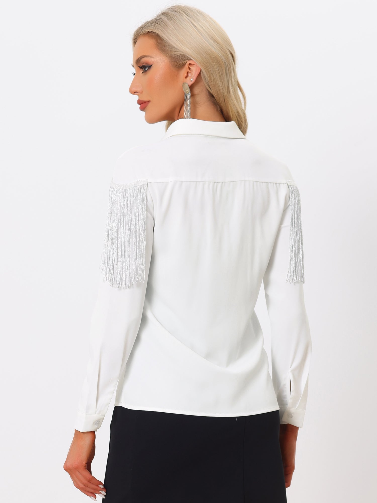 Glitter Fringe Long Sleeve Button Down Disco Party Cowgirl Blouse