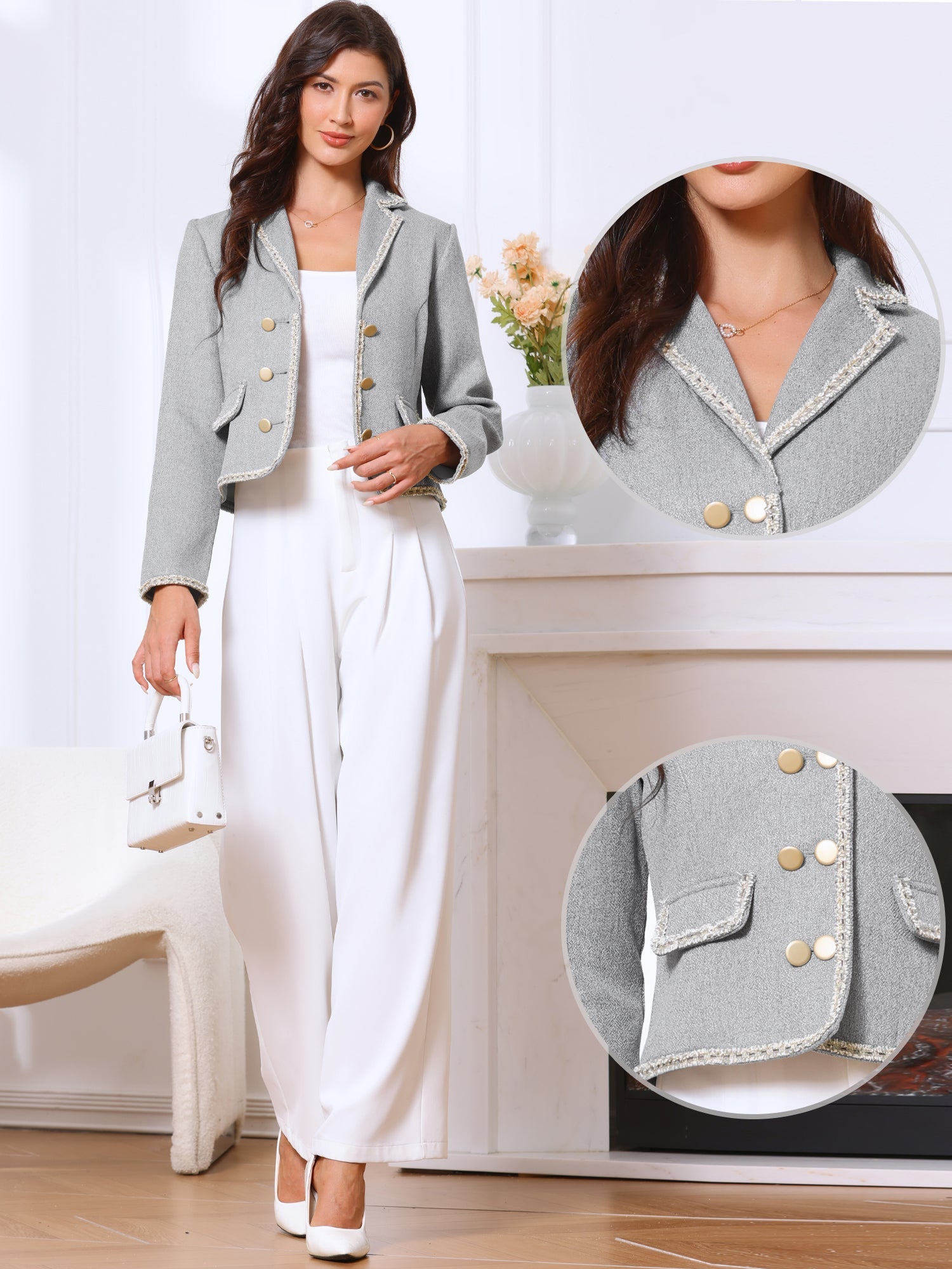 Notched Lapel Long Sleeve Dressy Casual Tweed Jacket