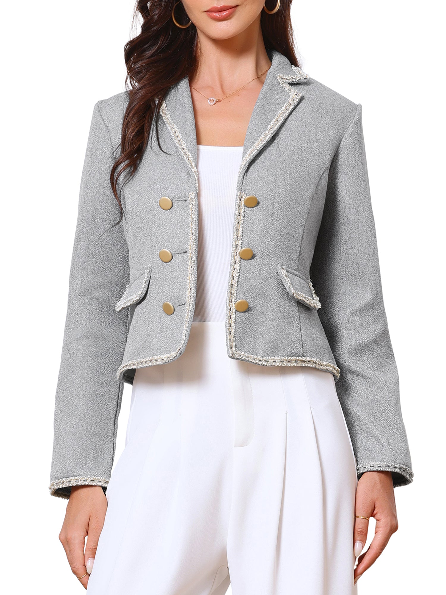 Notched Lapel Long Sleeve Dressy Casual Tweed Jacket