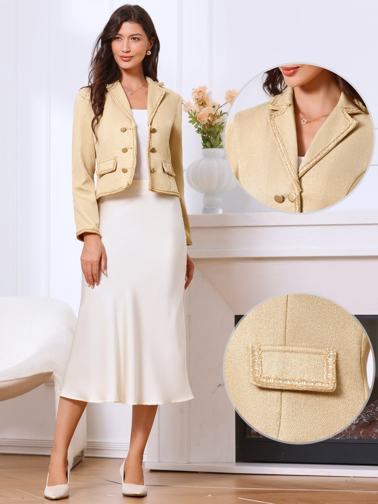 Notched Lapel Long Sleeve Dressy Casual Tweed Jacket