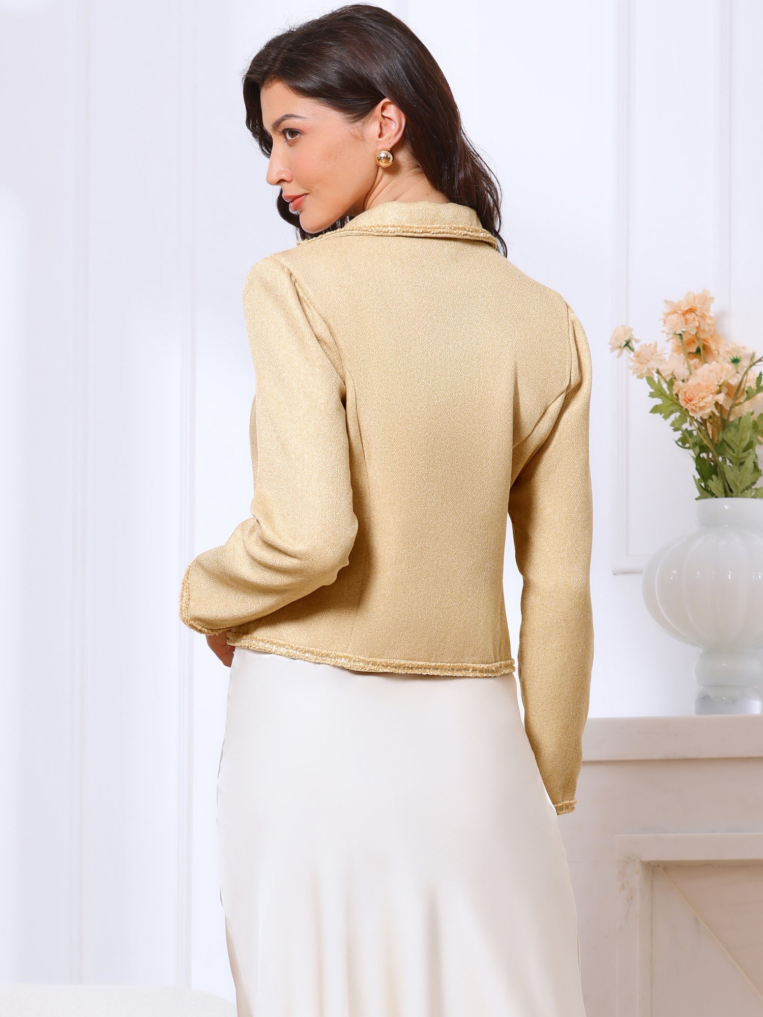 Notched Lapel Long Sleeve Dressy Casual Tweed Jacket