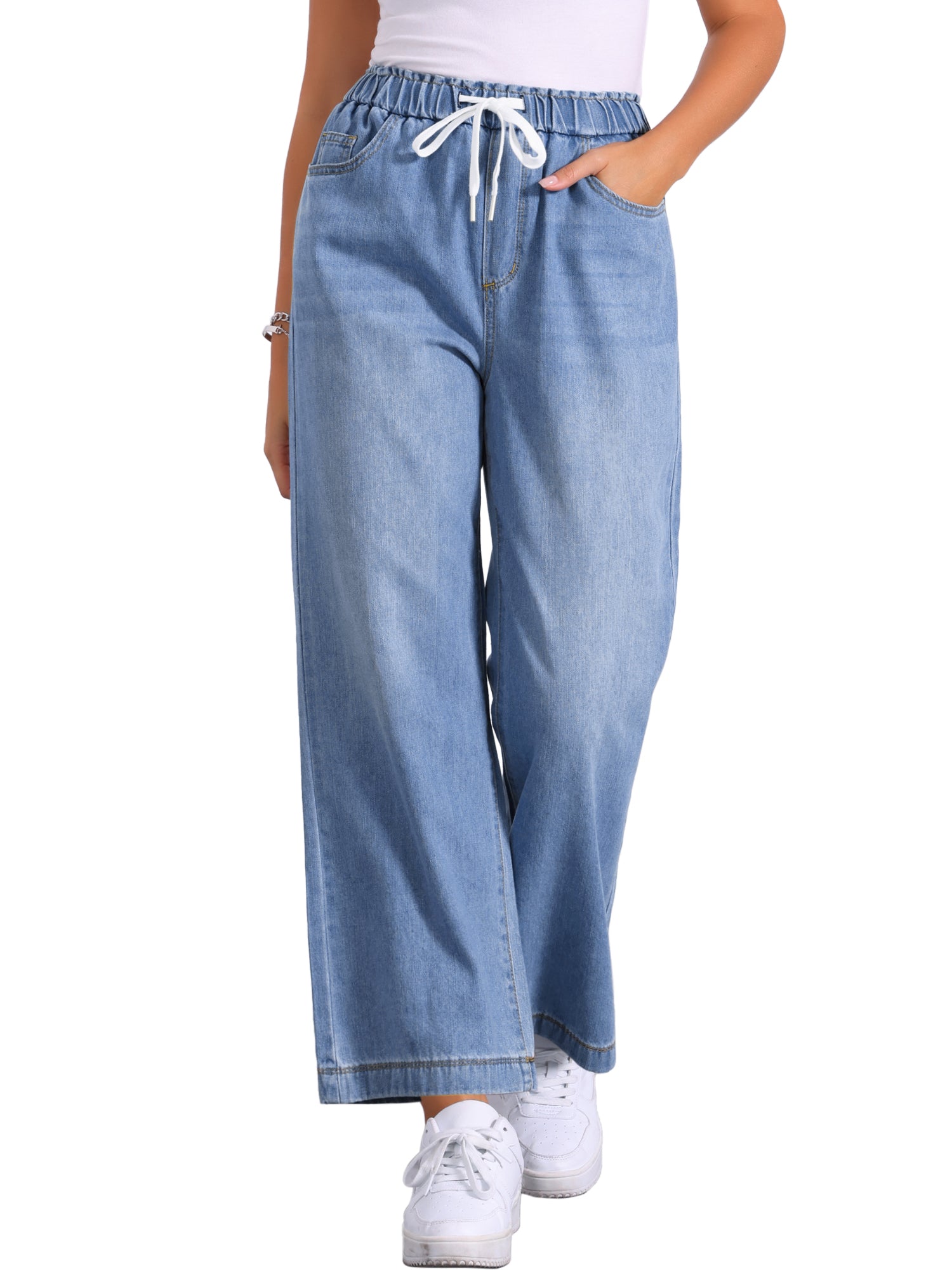 Casual Denim Pants Drawstring Elastic Waist Wide Legs Jeans