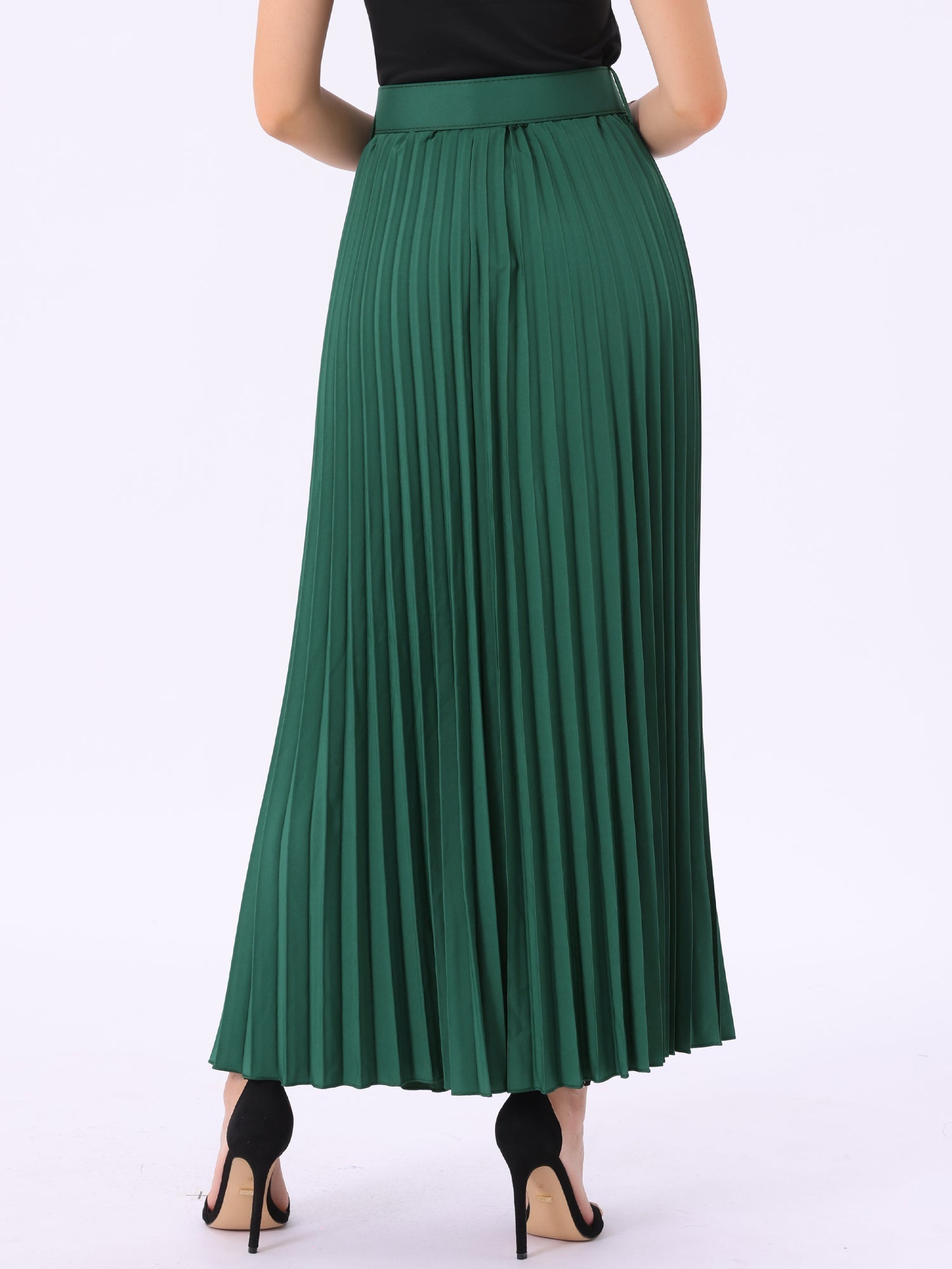 Flowy Pleated Elastic High Waist Belted Swing A-line Maxi Skirt
