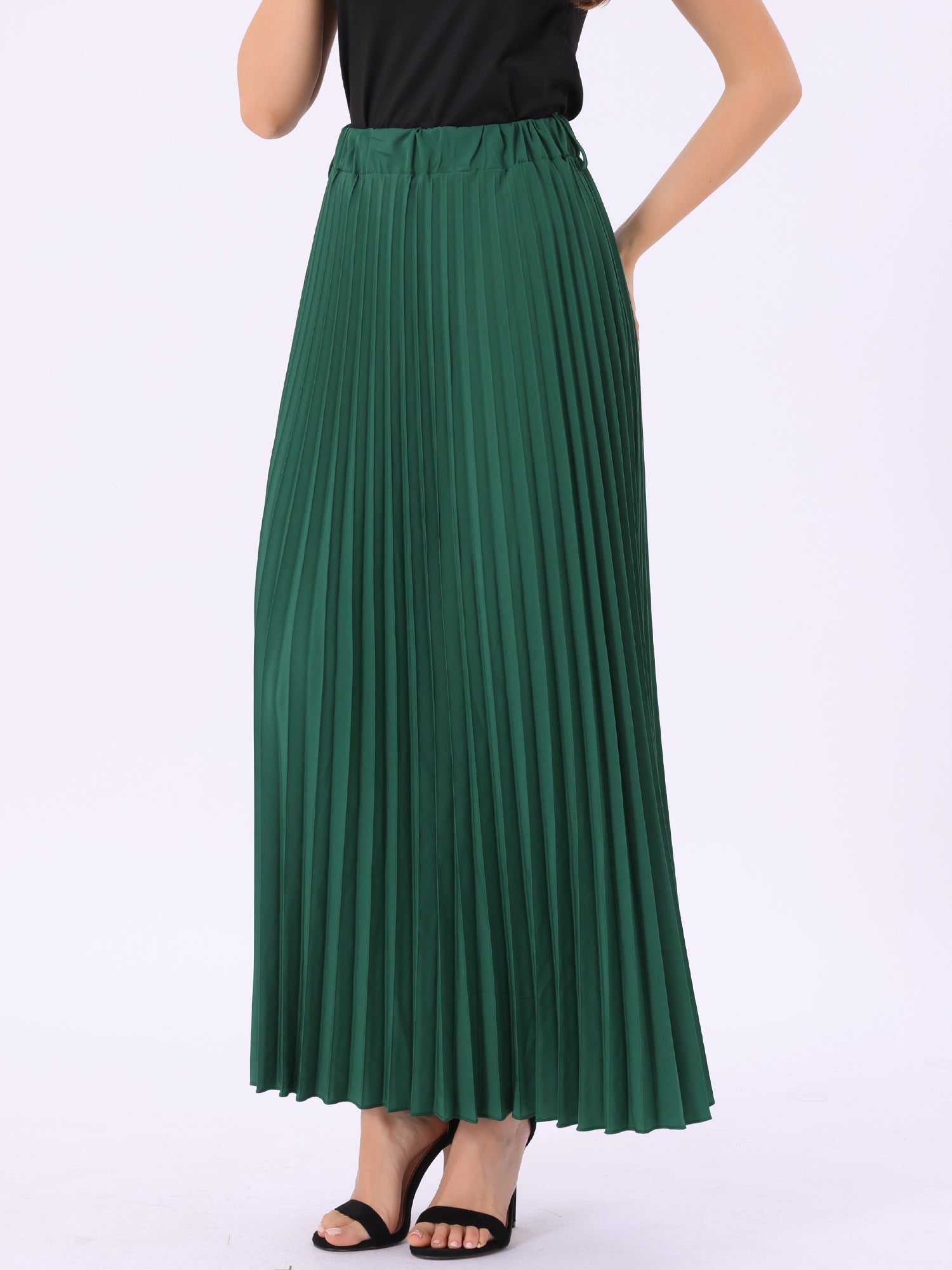 Flowy Pleated Elastic High Waist Belted Swing A-line Maxi Skirt