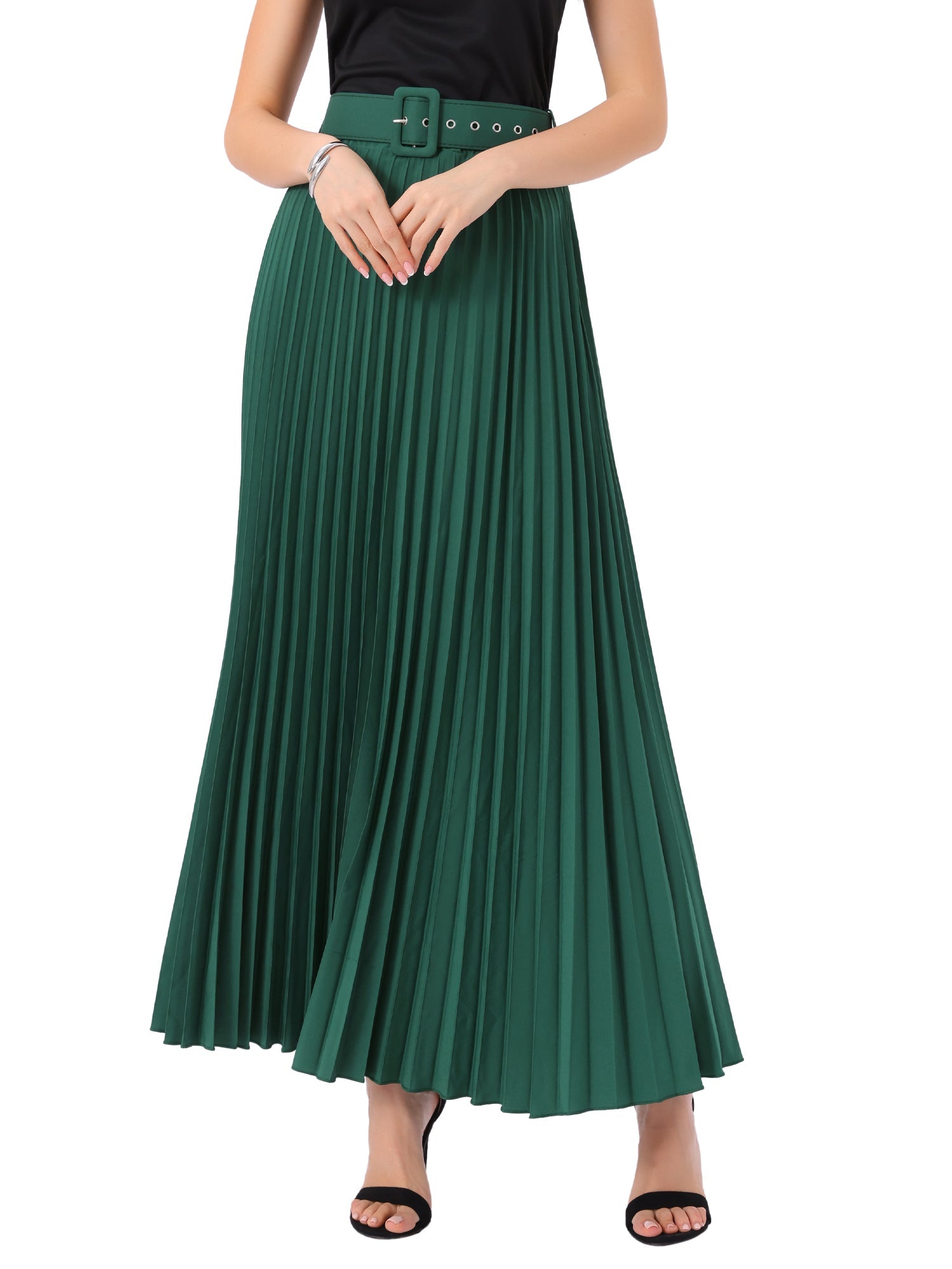 Flowy Pleated Elastic High Waist Belted Swing A-line Maxi Skirt