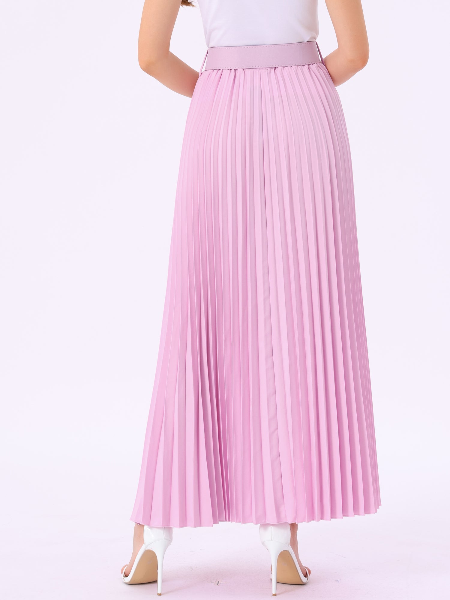 Flowy Pleated Elastic High Waist Belted Swing A-line Maxi Skirt