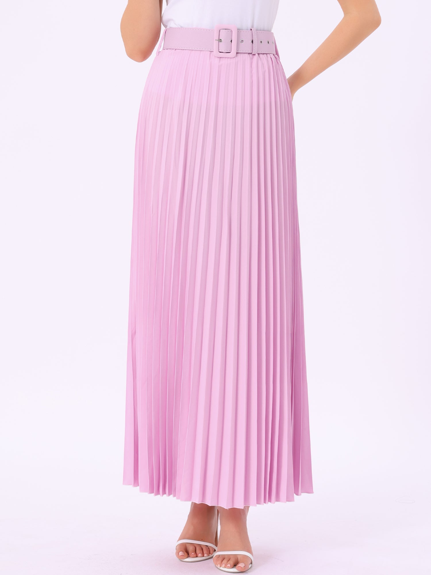 Flowy Pleated Elastic High Waist Belted Swing A-line Maxi Skirt