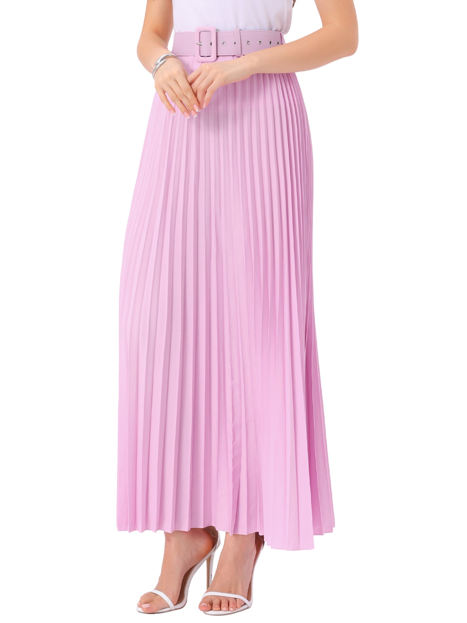 Flowy Pleated Elastic High Waist Belted Swing A-line Maxi Skirt