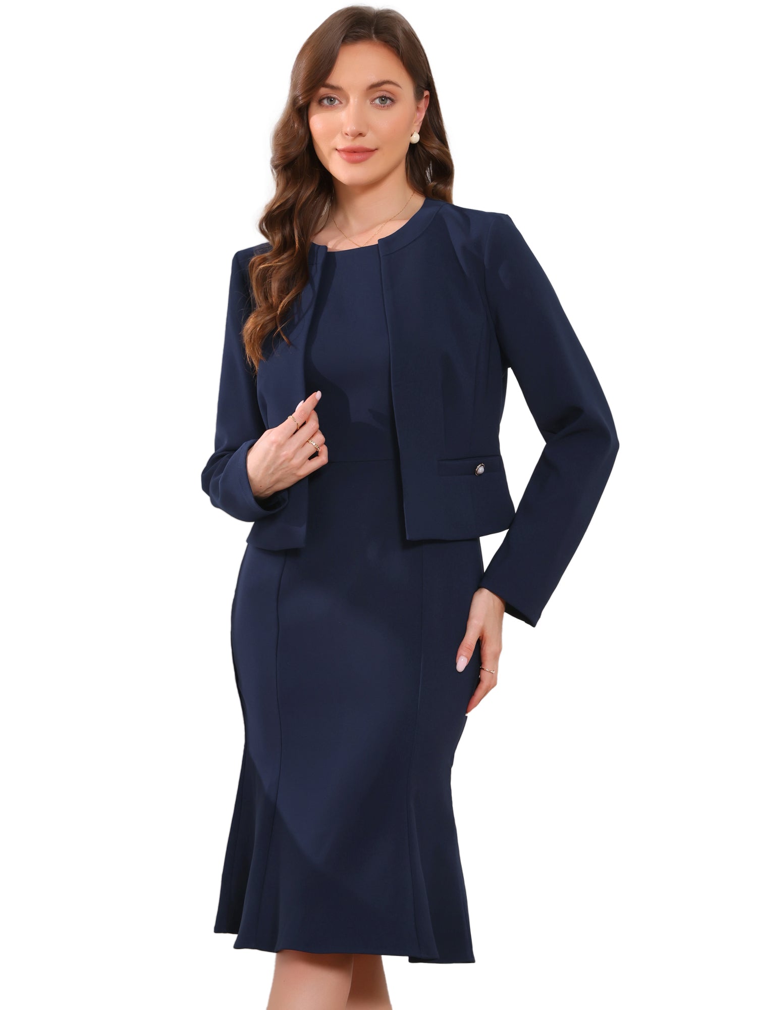 2 Pieces Long Sleeves Collarless Jacket & Sleeveless Fishtail Midi Dress Sets