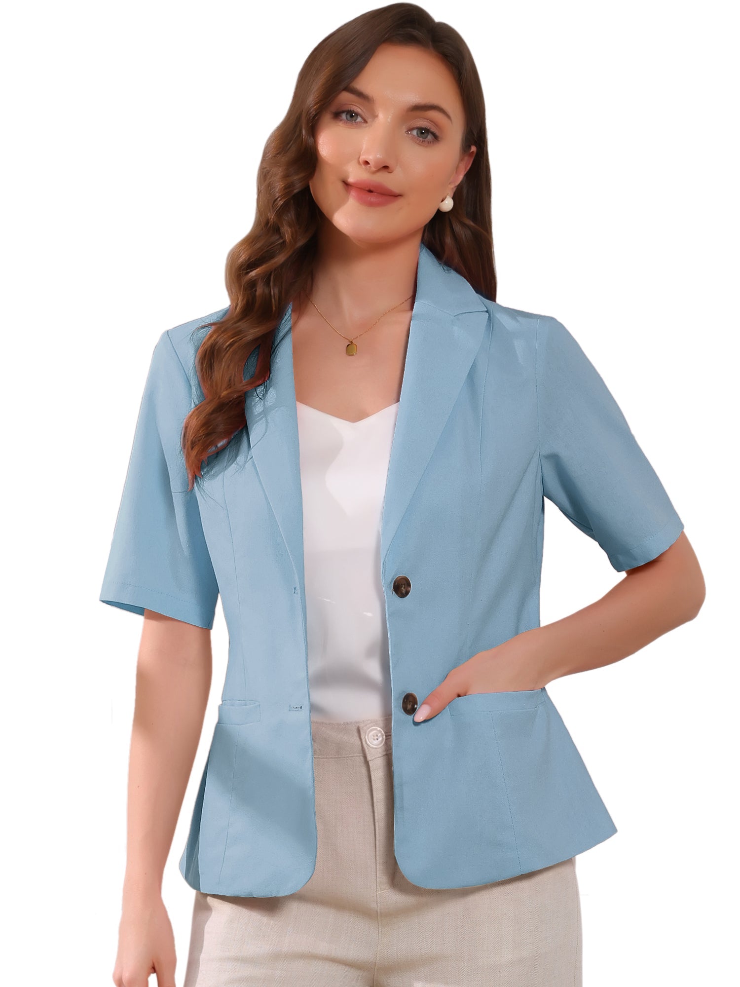 Cotton Linen Office Business Short Sleeve Notched Lapel Blazer Jacket