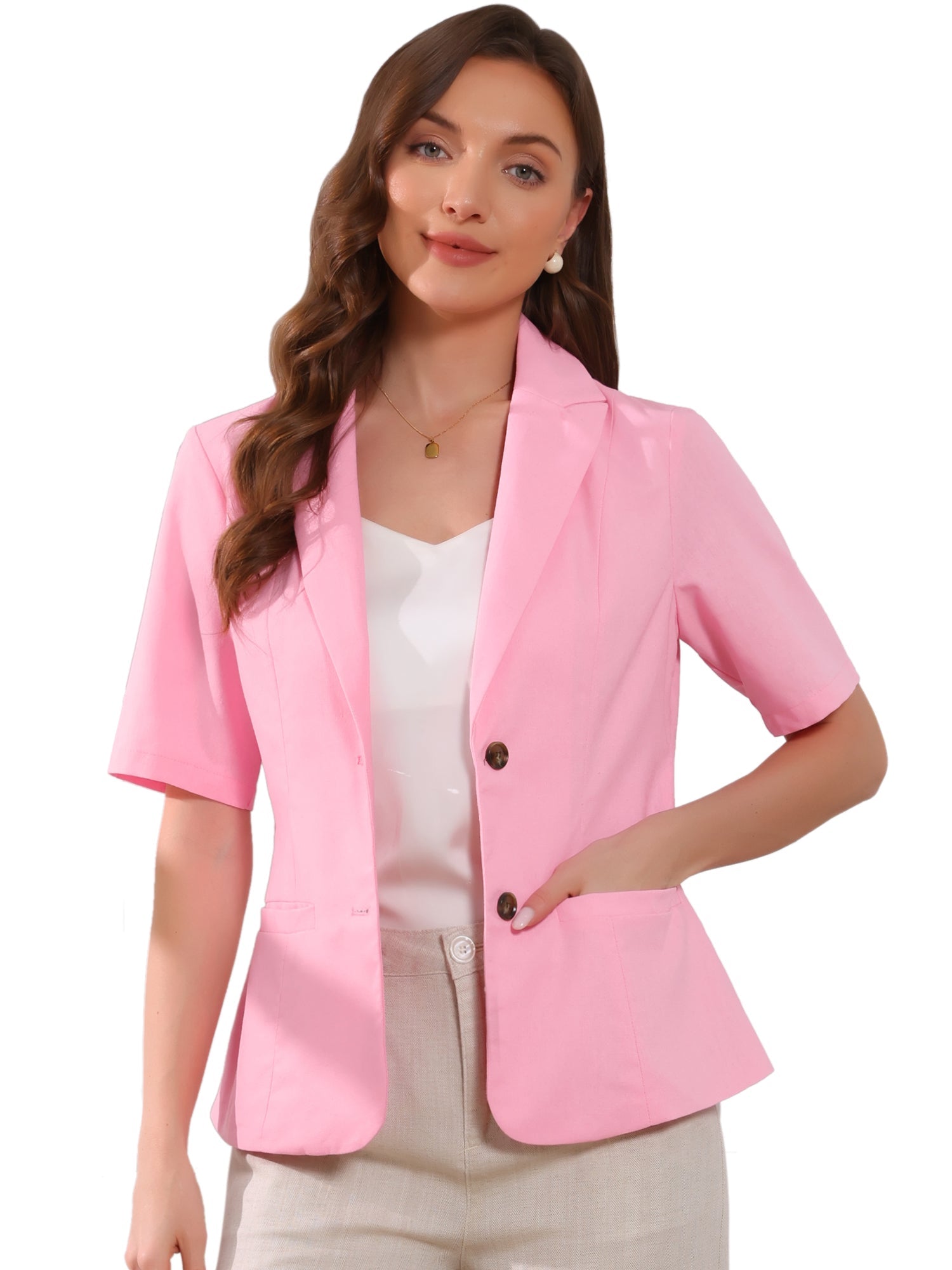 Cotton Linen Office Business Short Sleeve Notched Lapel Blazer Jacket
