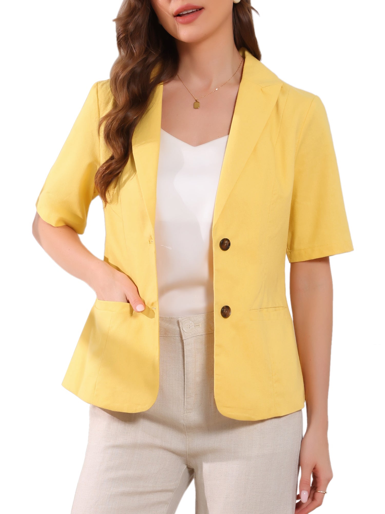 Cotton Linen Office Business Short Sleeve Notched Lapel Blazer Jacket