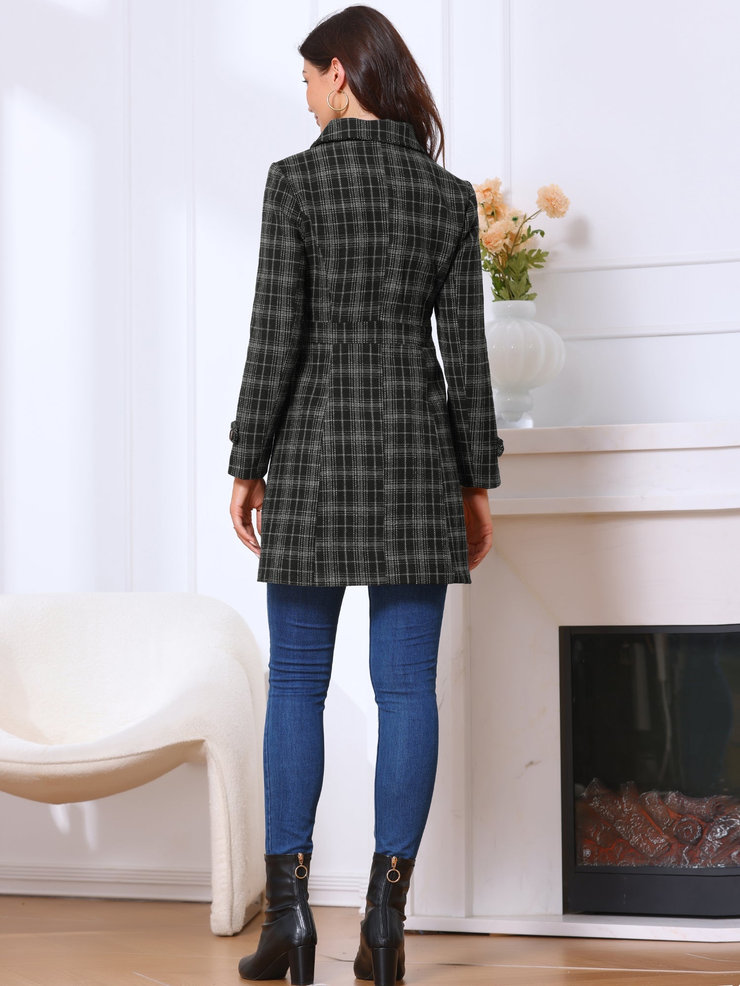 Single Breasted Plaid Long Sleeves Pocketed Pea Coat