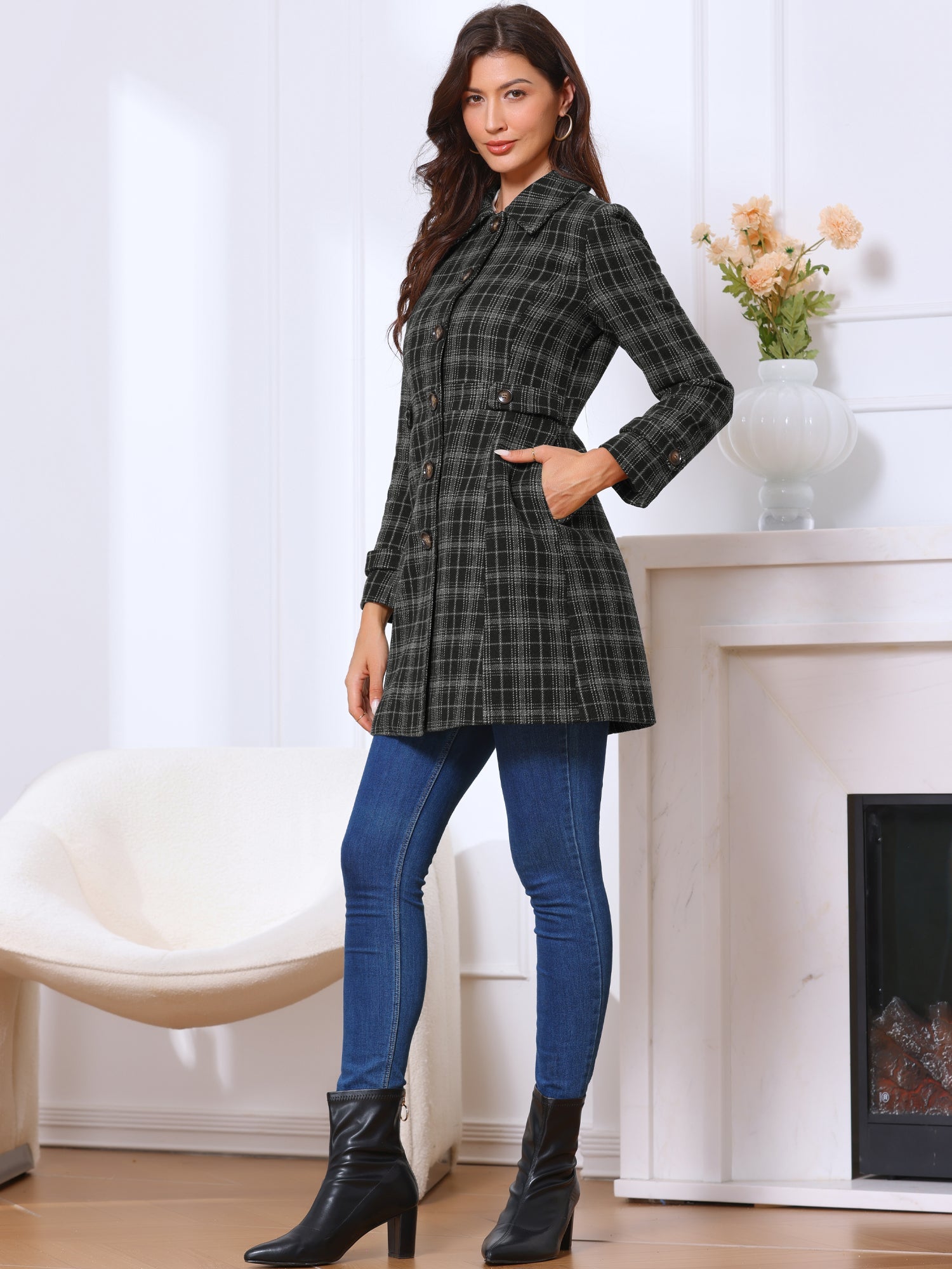 Single Breasted Plaid Long Sleeves Pocketed Pea Coat