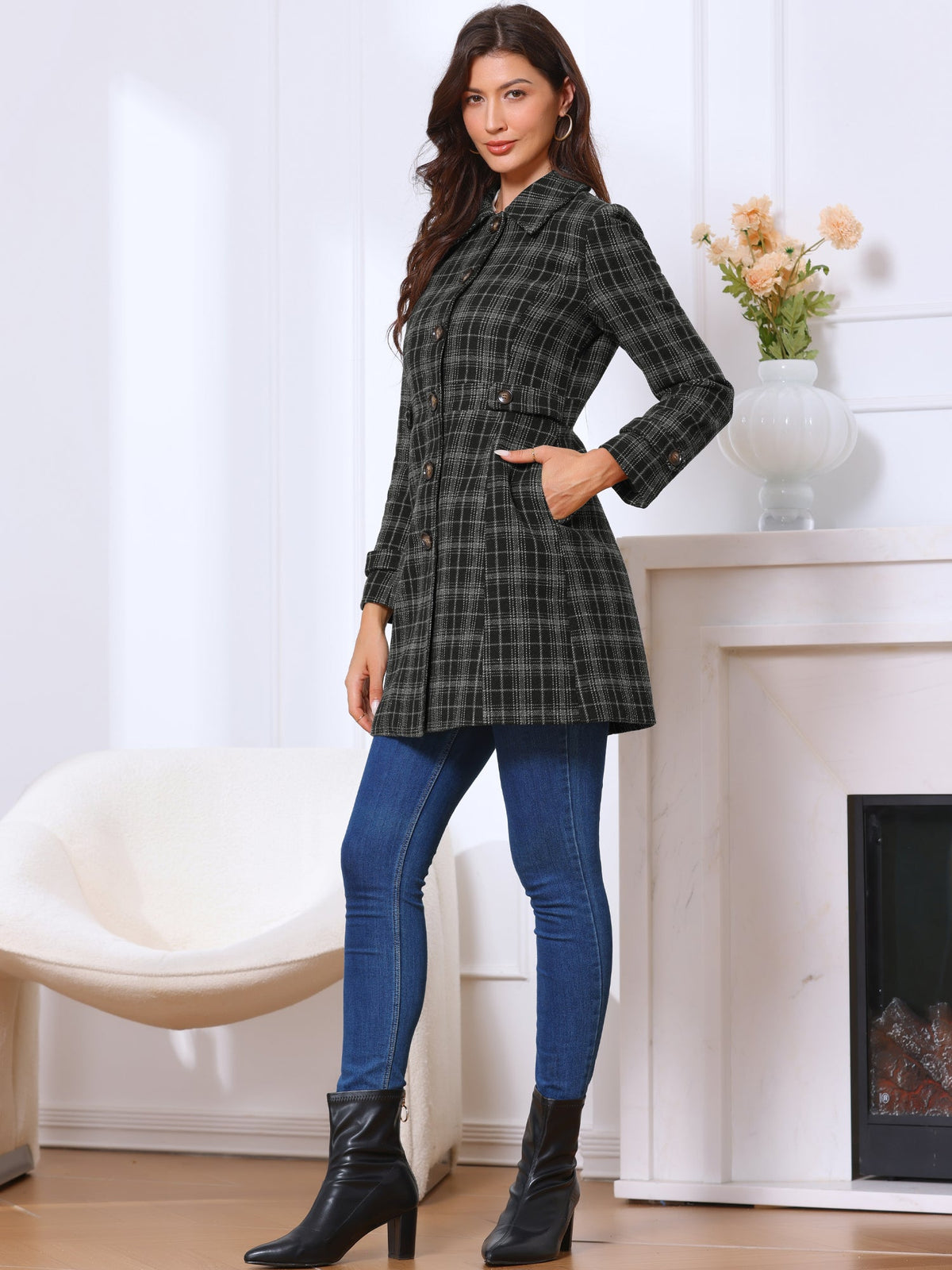 Single Breasted Plaid Long Sleeves Pocketed Pea Coat