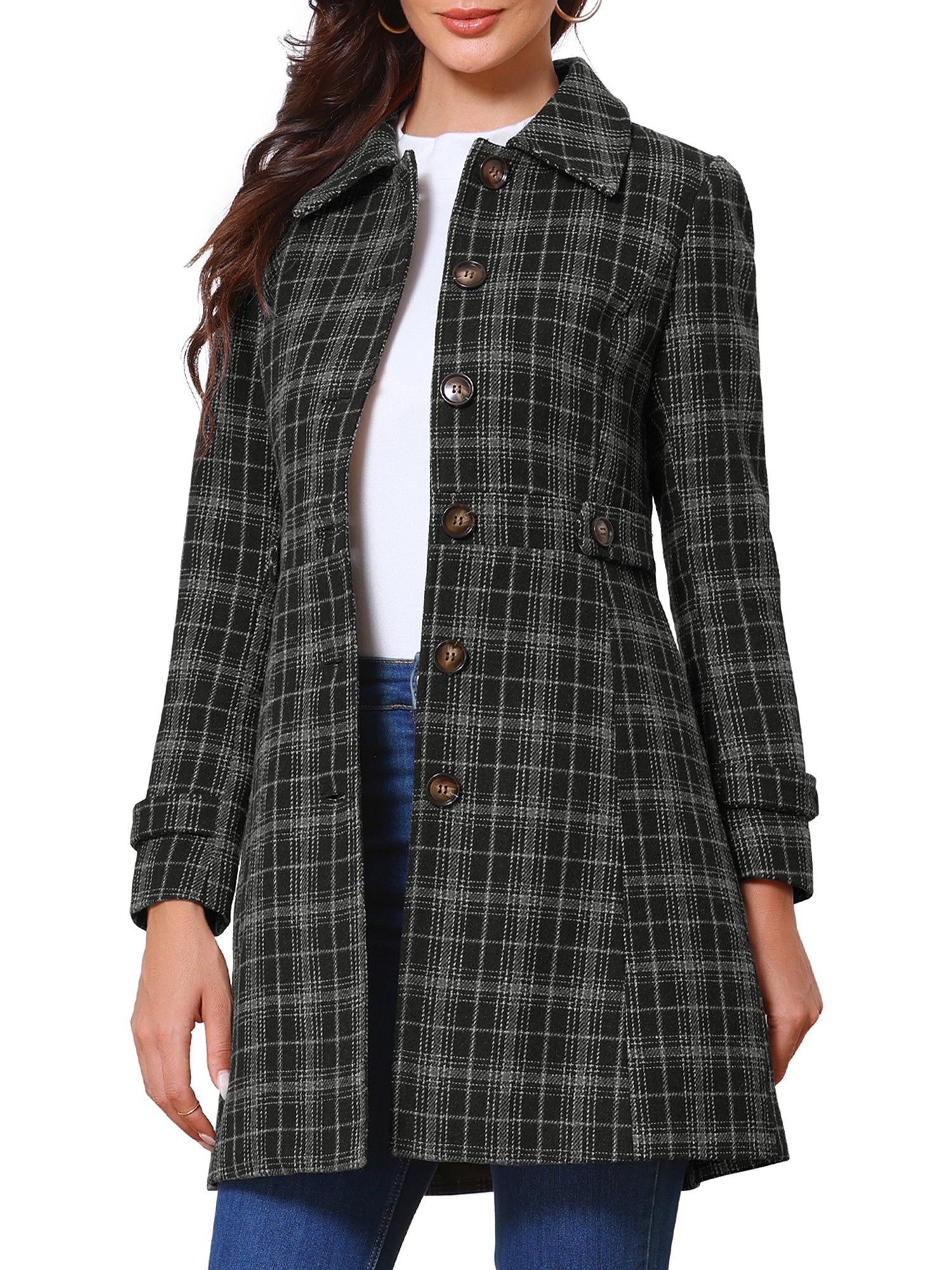 Single Breasted Plaid Long Sleeves Pocketed Pea Coat