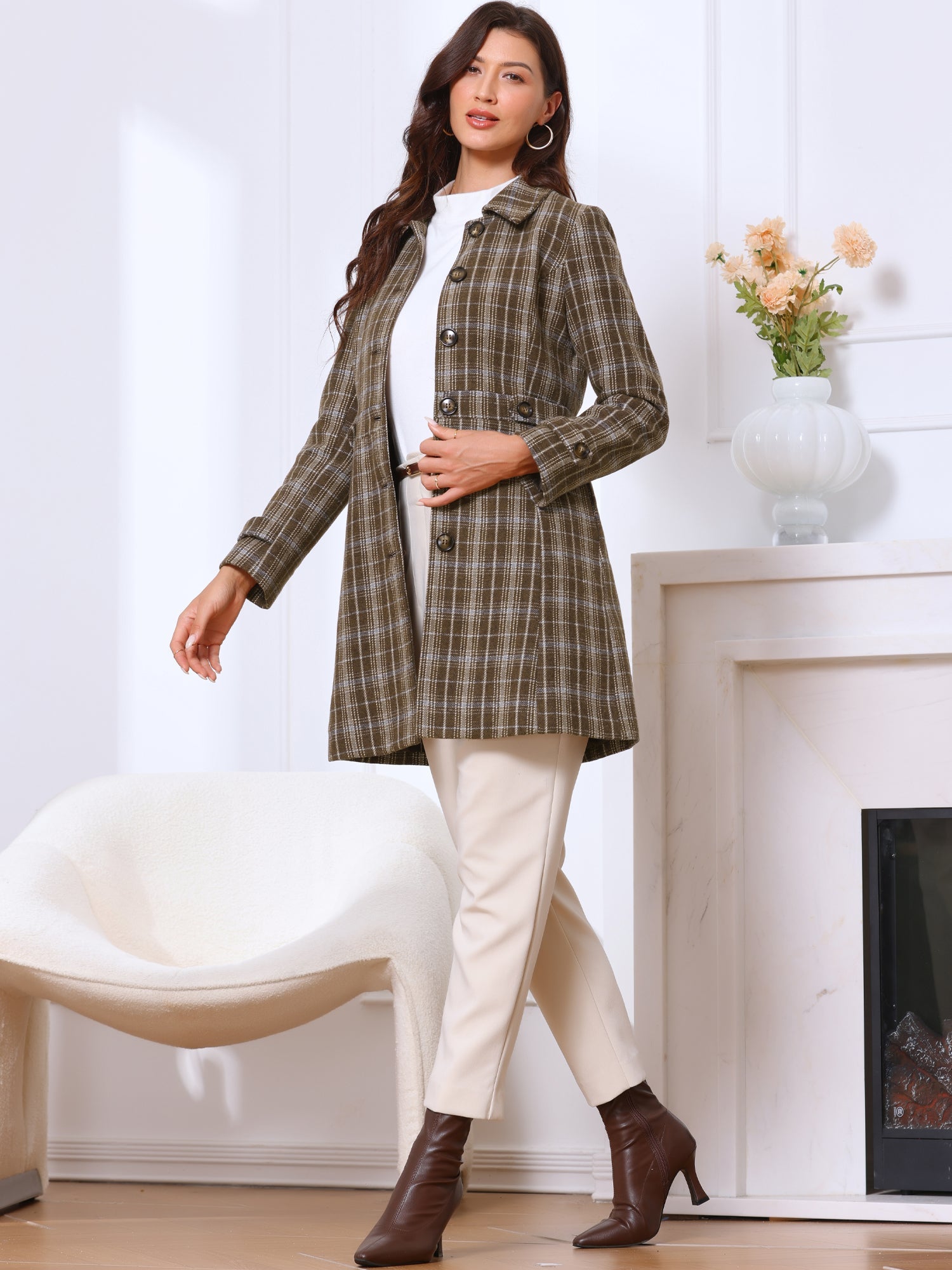 Single Breasted Plaid Long Sleeves Pocketed Pea Coat