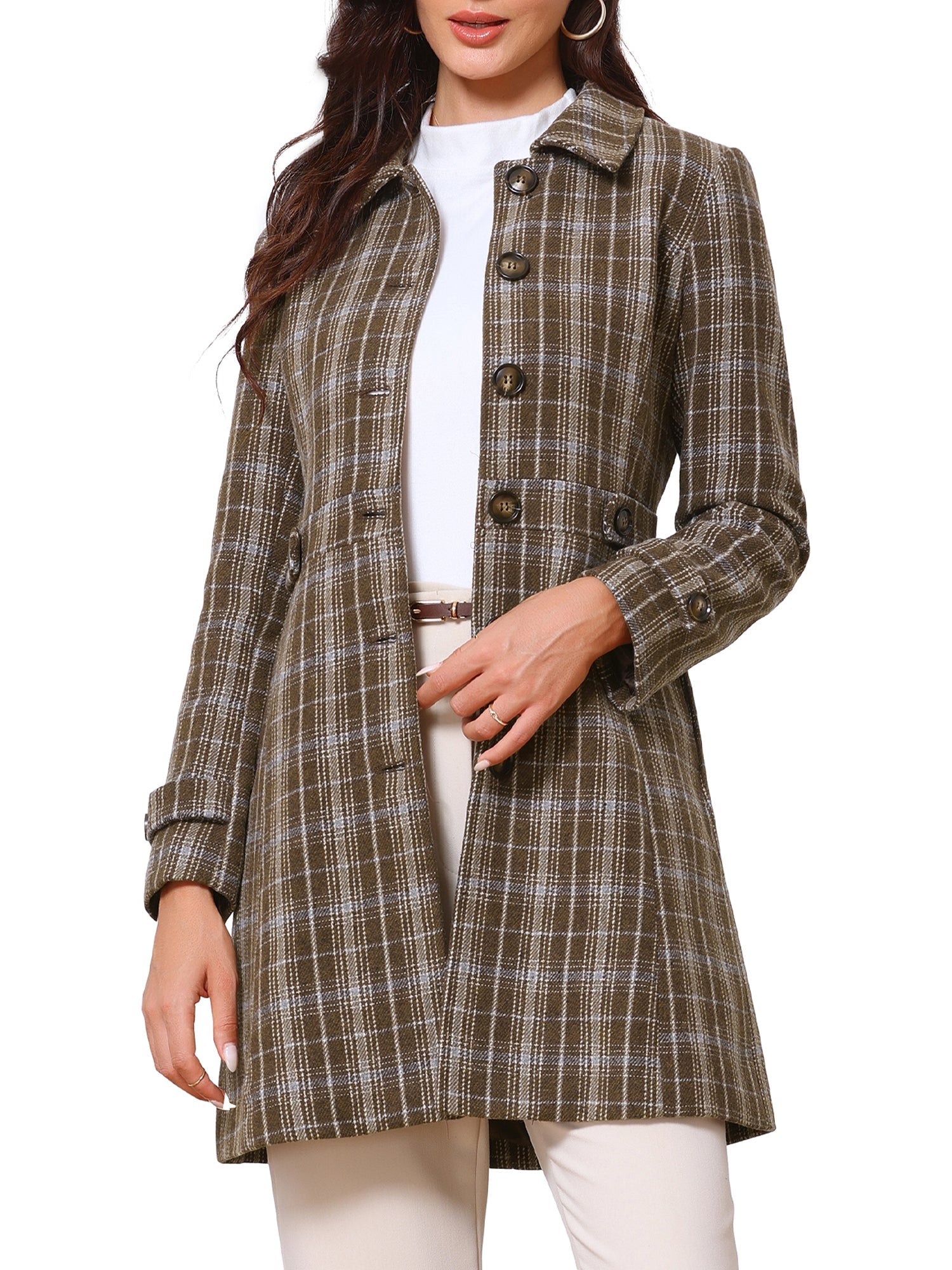 Single Breasted Plaid Long Sleeves Pocketed Pea Coat