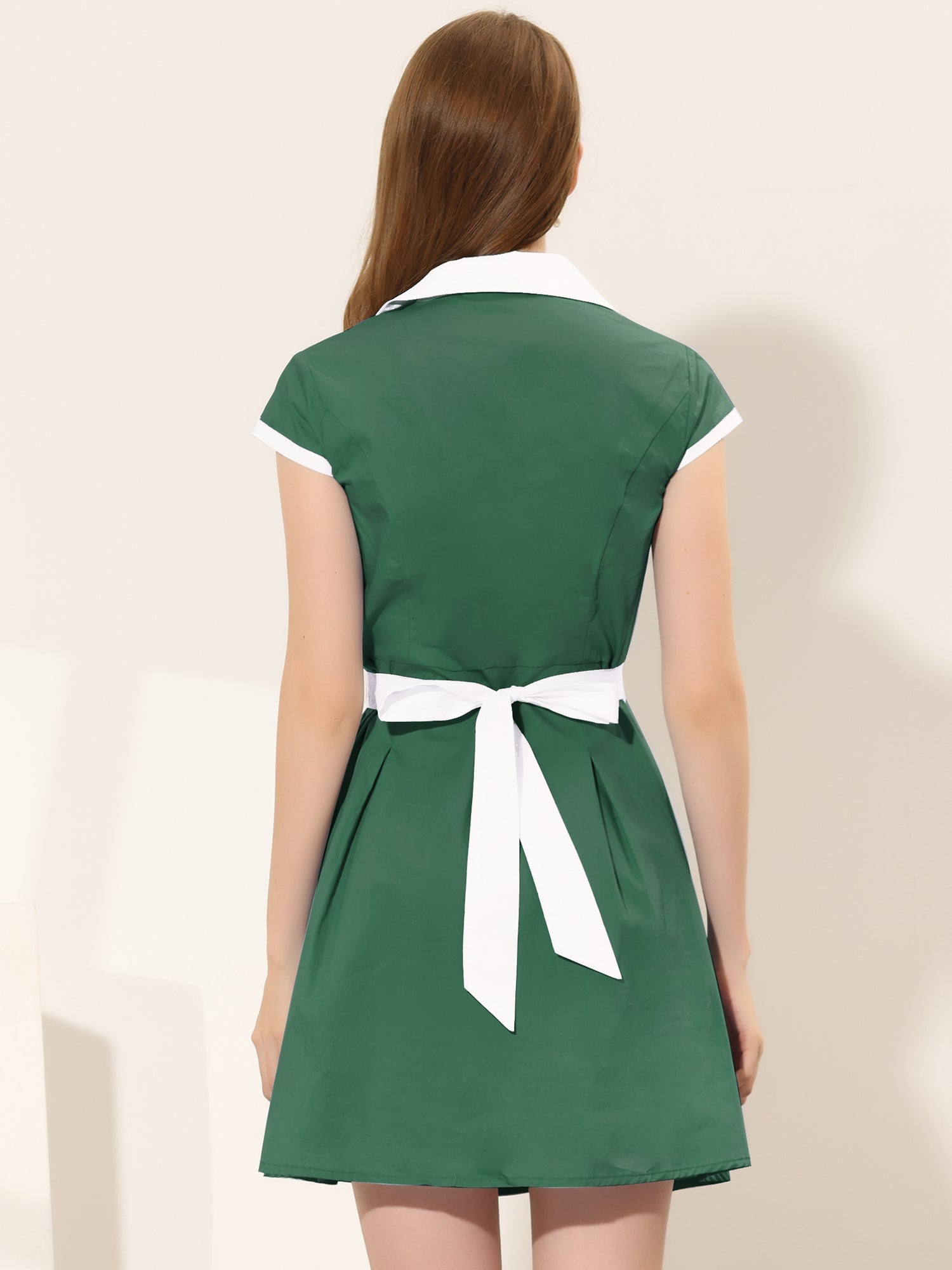Retro Button Down Flat Collar Belted Office Mini Shirt Dress