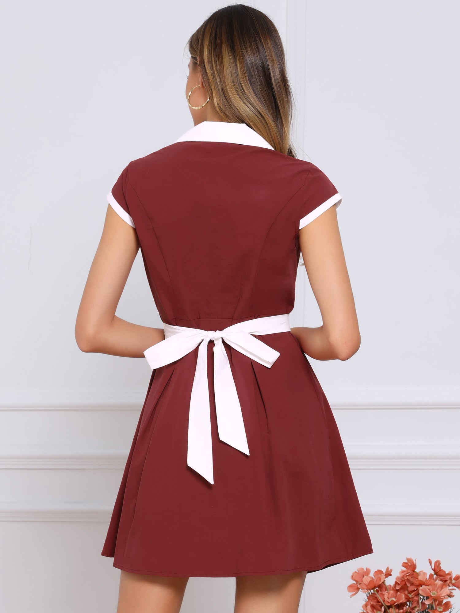 Retro Button Down Flat Collar Belted Office Mini Shirt Dress