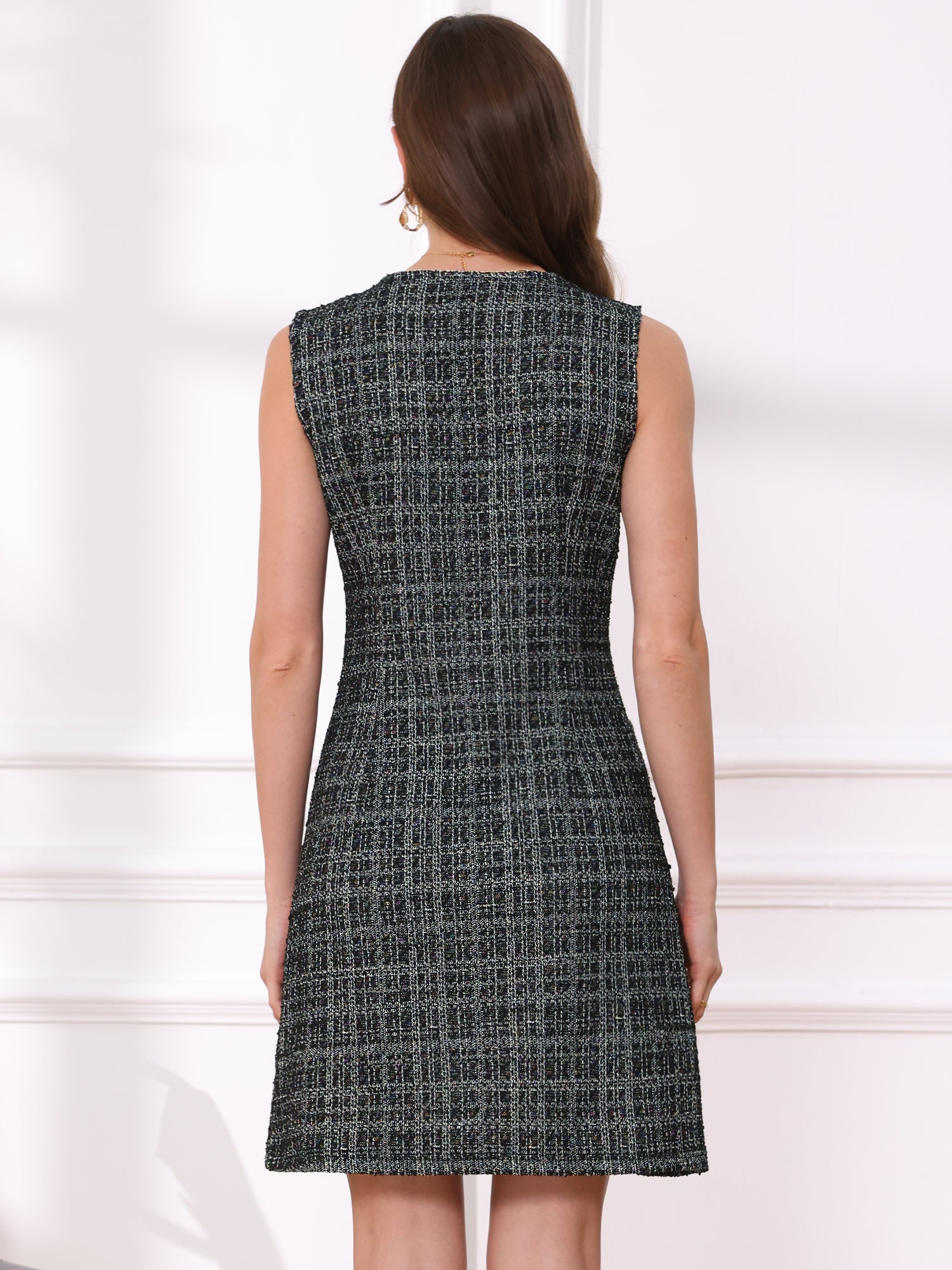 Tweed Plaid Sleeveless Pockets Zipper Work Dress