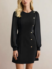 Classic Round Neck with Timeless Button Front Long Sleeve A-Line Casual Dress