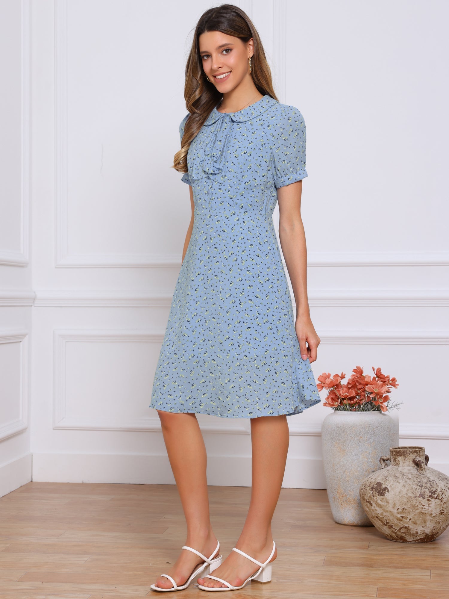 Peter Pan Collar Tie Neck Short Sleeve A-Line Belted Floral Dress