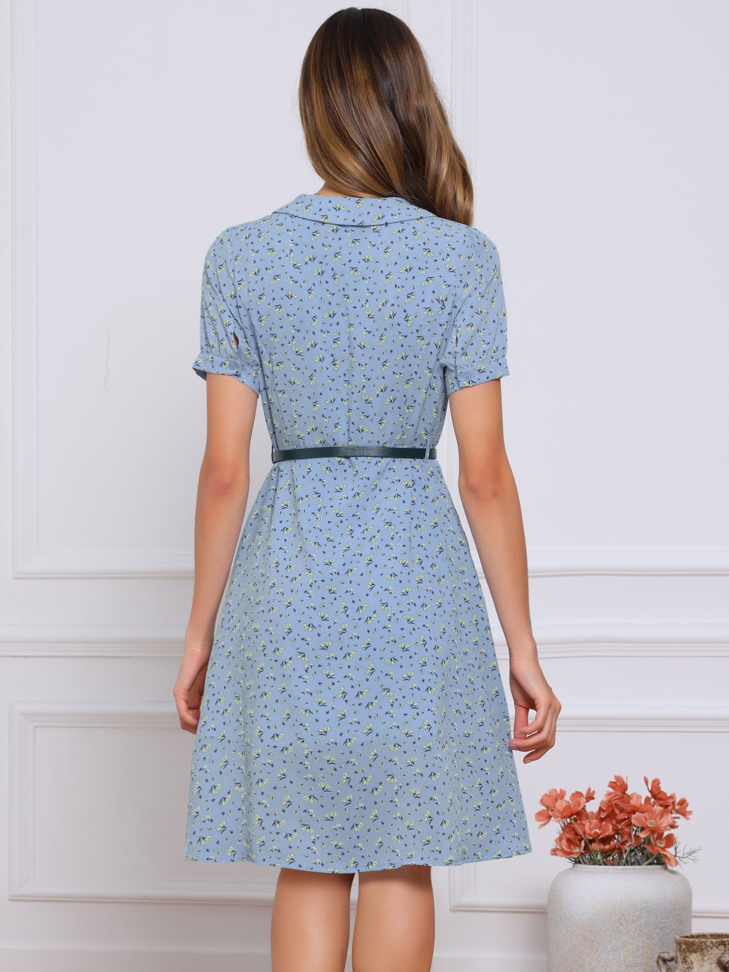 Peter Pan Collar Tie Neck Short Sleeve A-Line Belted Floral Dress