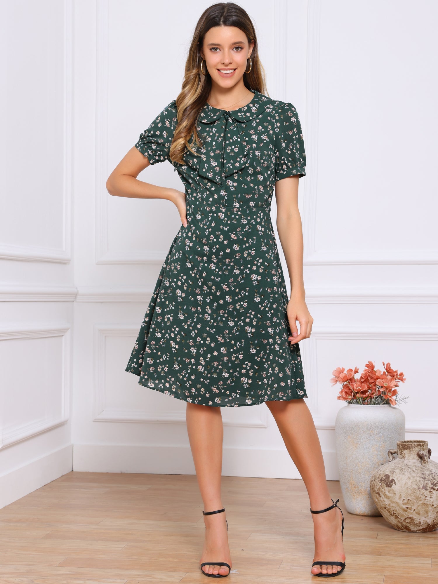 Peter Pan Collar Tie Neck Short Sleeve A-Line Belted Floral Dress