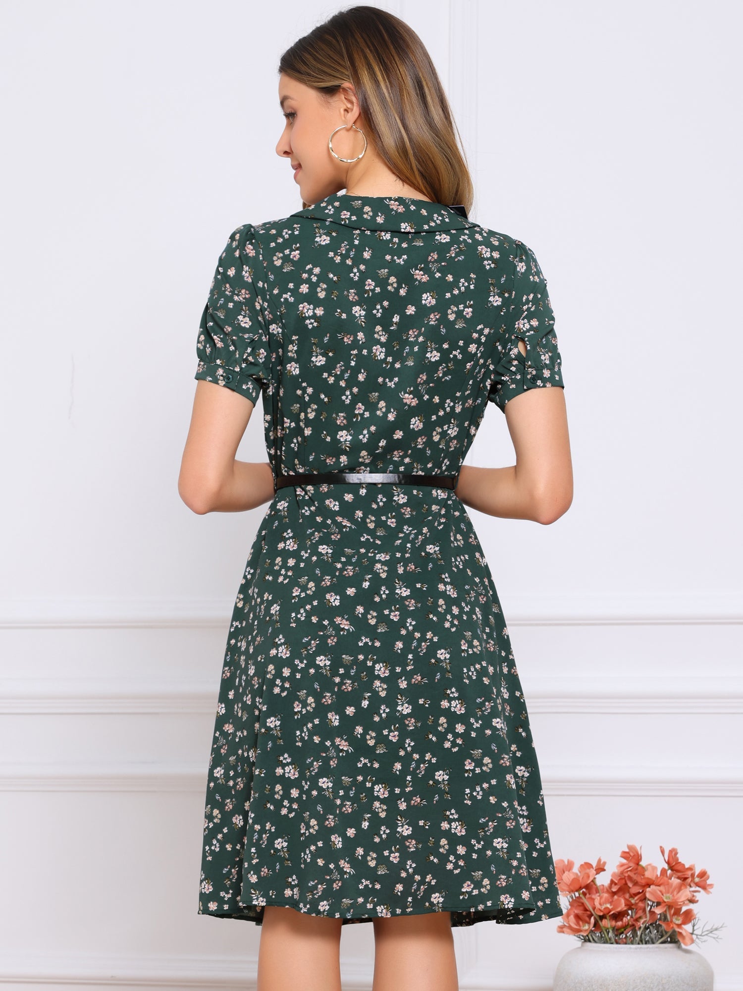 Peter Pan Collar Tie Neck Short Sleeve A-Line Belted Floral Dress